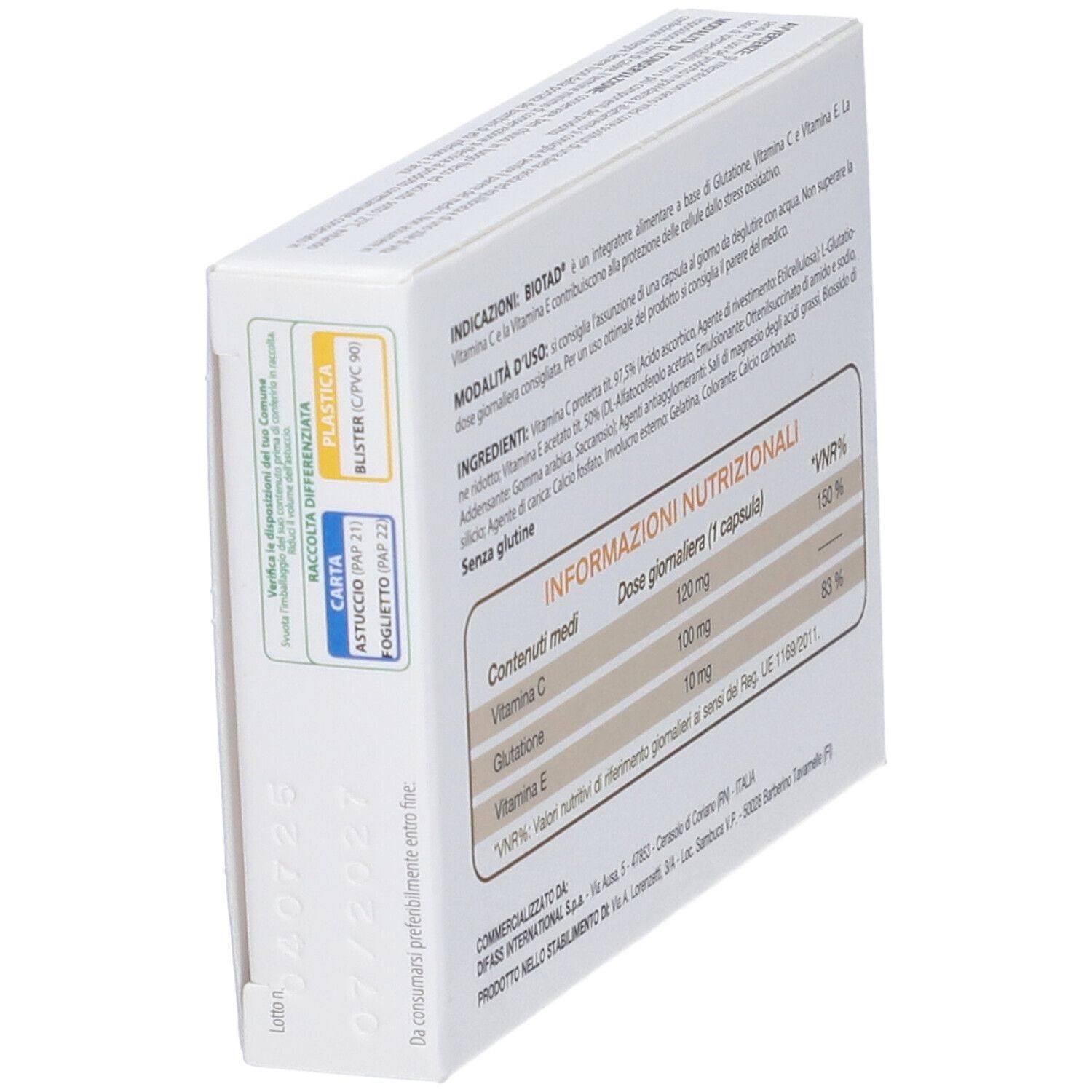 Biotad Antioxydant : arrière de la boîte avec informations sur le recyclage et numéro de lot.
