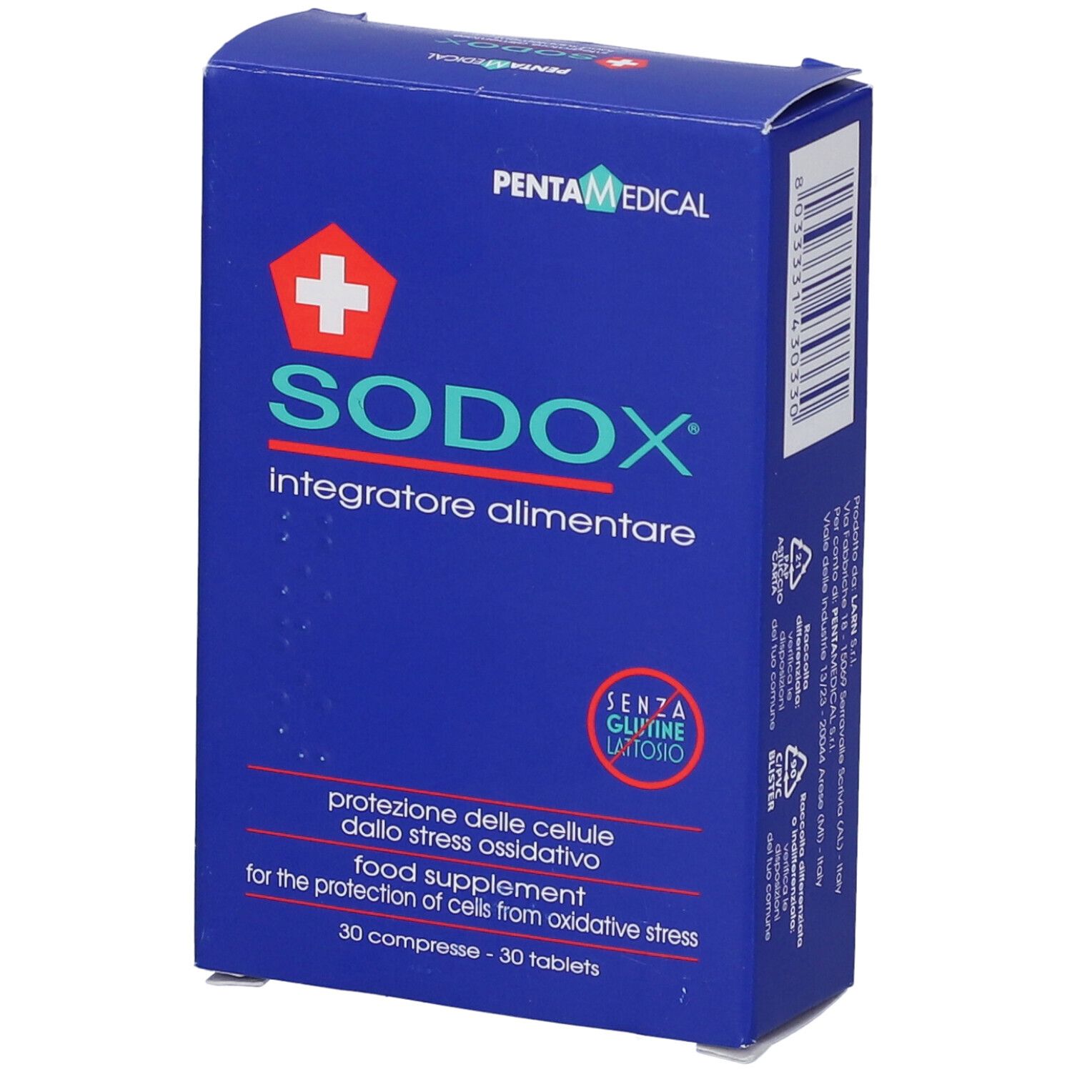 Boîte bleue SODOX avec logo croix rouge et texte. Contient 30 comprimés. Sans gluten et sans lactose.