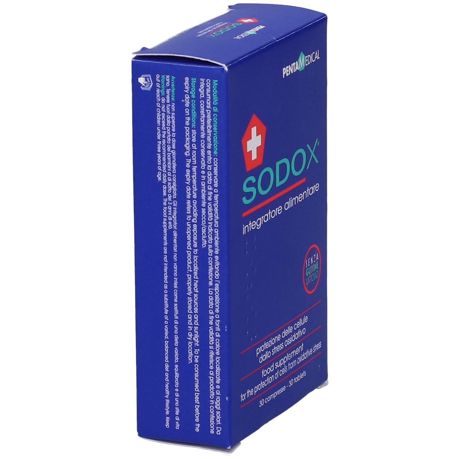 Boîte bleue SODOX, vue latérale. Texte et logo croix rouge. Contient 30 comprimés. Sans gluten et sans lactose.
