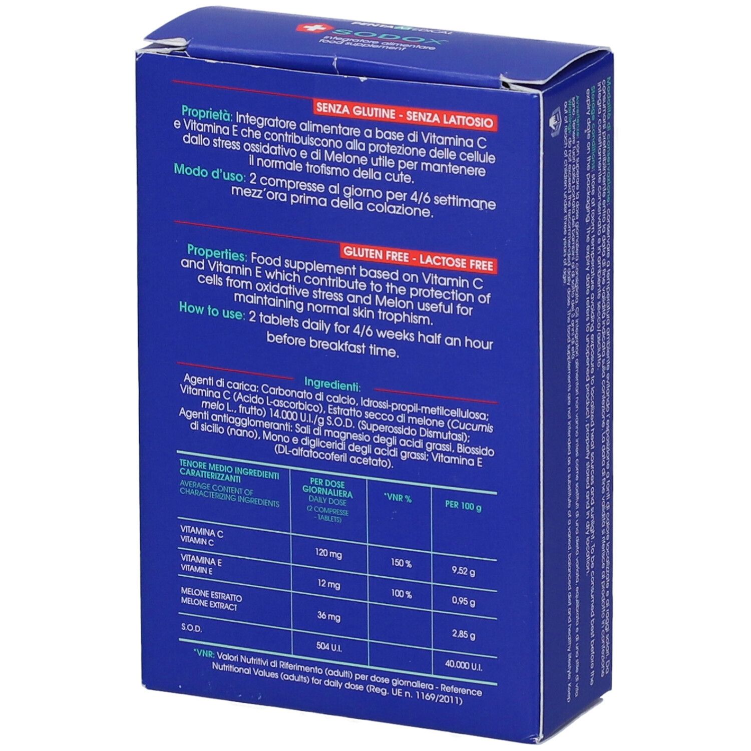 Dos de la boîte SODOX avec ingrédients et tableau nutritionnel. Sans gluten et sans lactose.