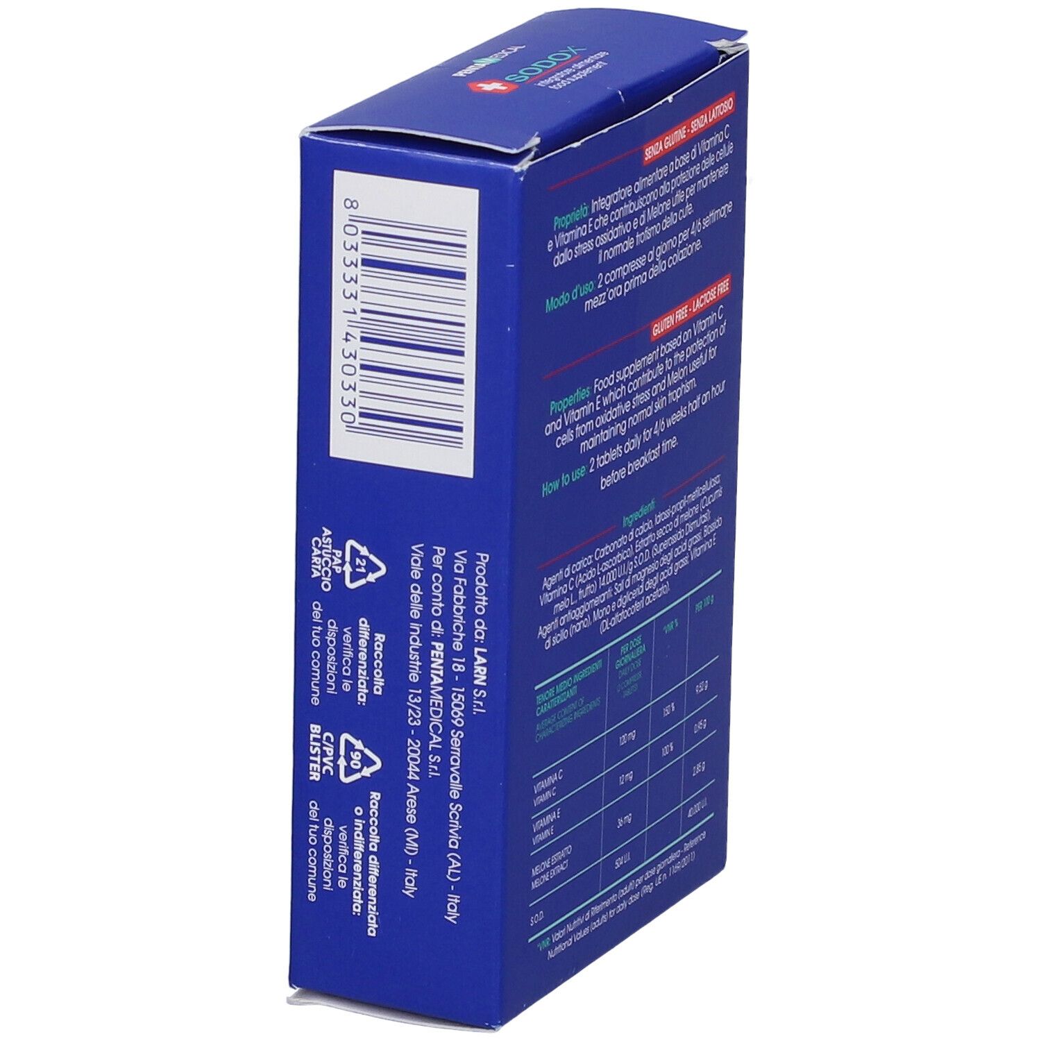 Dos de la boîte avec texte, ingrédients et informations nutritionnelles. Marque SODOX, sans gluten, sans lactose.