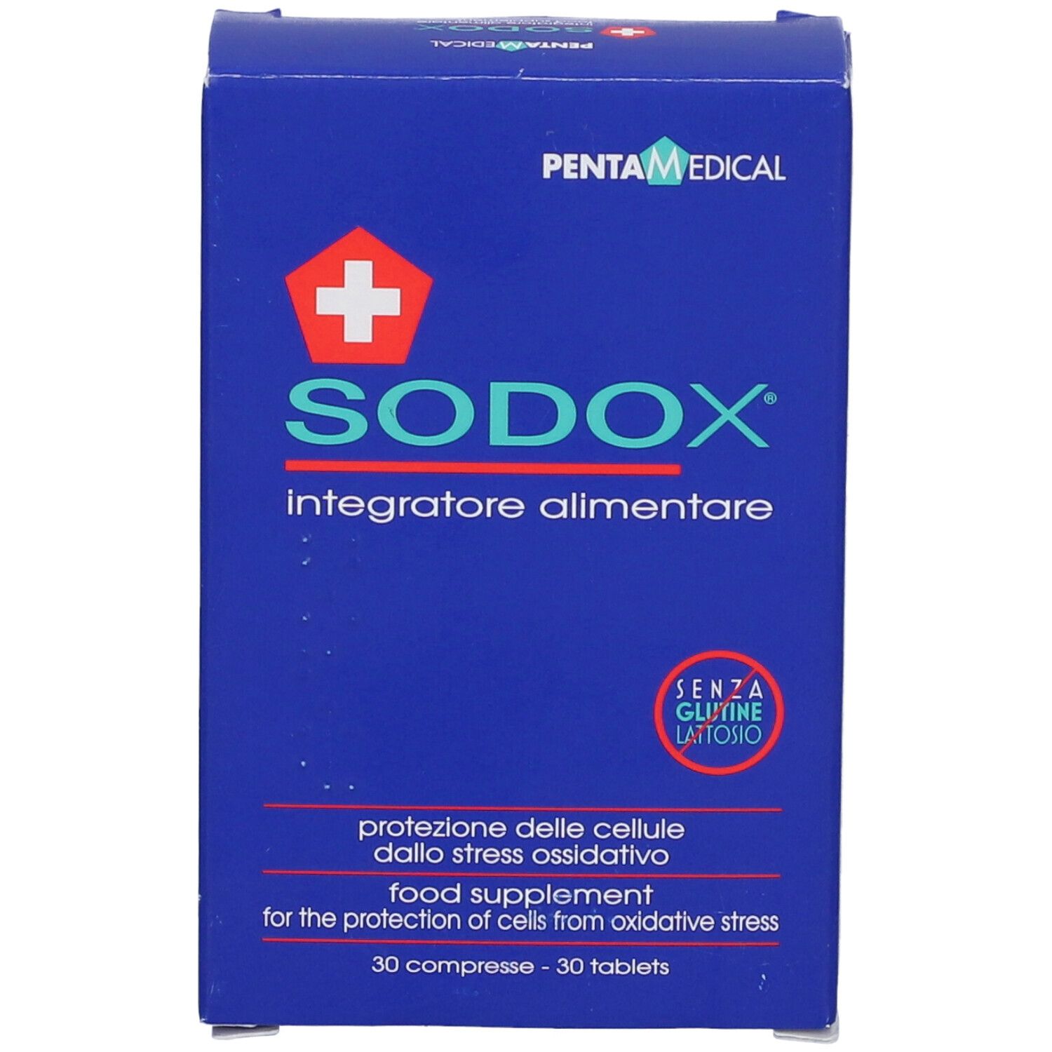Boîte bleue SODOX avec logo croix rouge et texte. Contient 30 comprimés. Sans gluten et sans lactose.