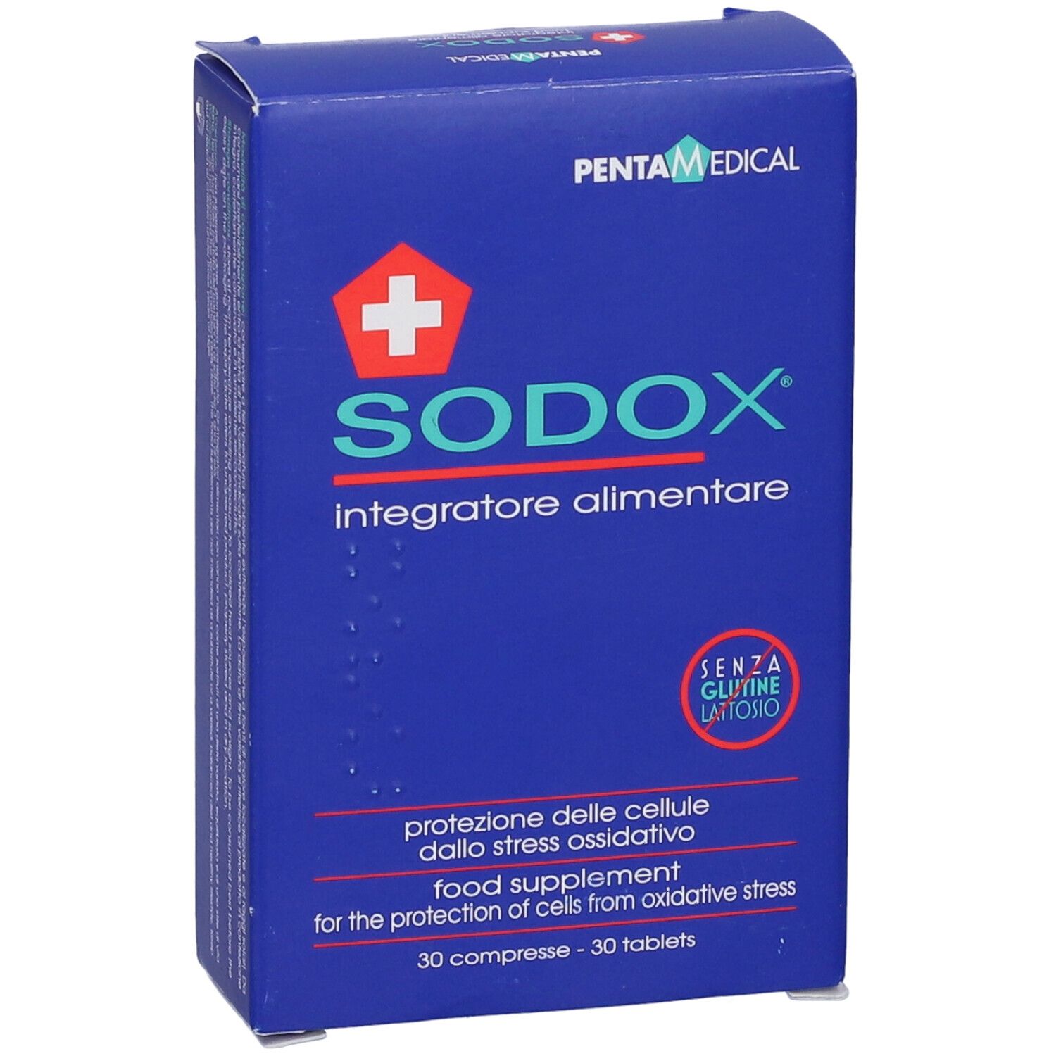 Boîte bleue SODOX avec logo croix rouge et texte. Contient 30 comprimés. Sans gluten et sans lactose.