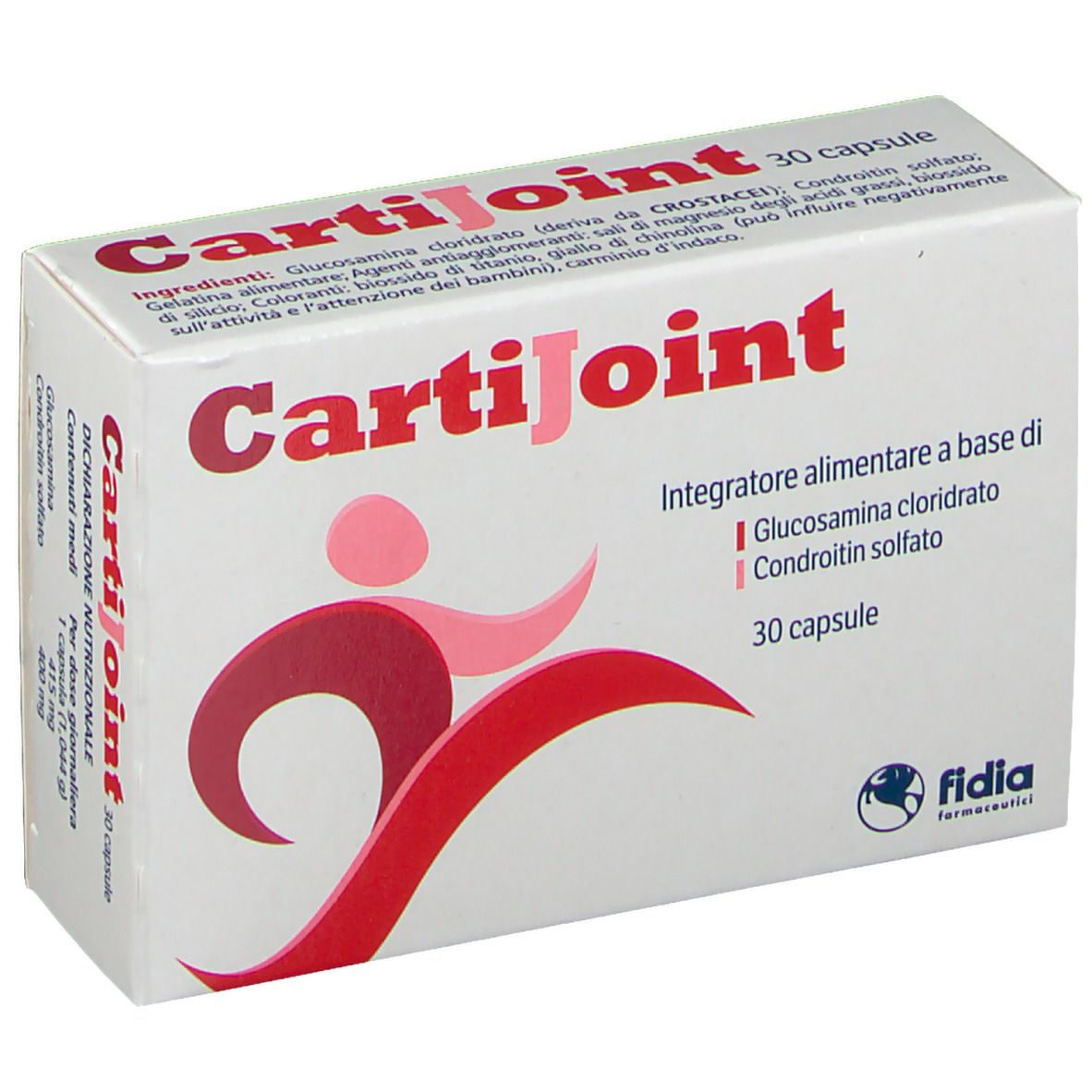 Schachtel mit CartiJoint-Logo und Text. 30 Kapseln. Fidia-Logo. Rote und rosa Figur.