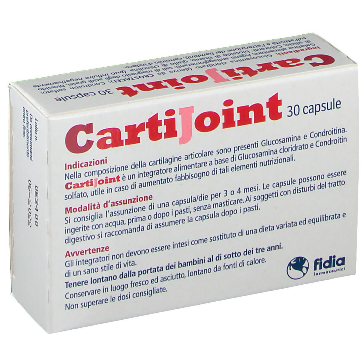 Schachtel mit CartiJoint-Logo und Text. 30 Kapseln. Fidia-Logo. Text über die Anwendung.