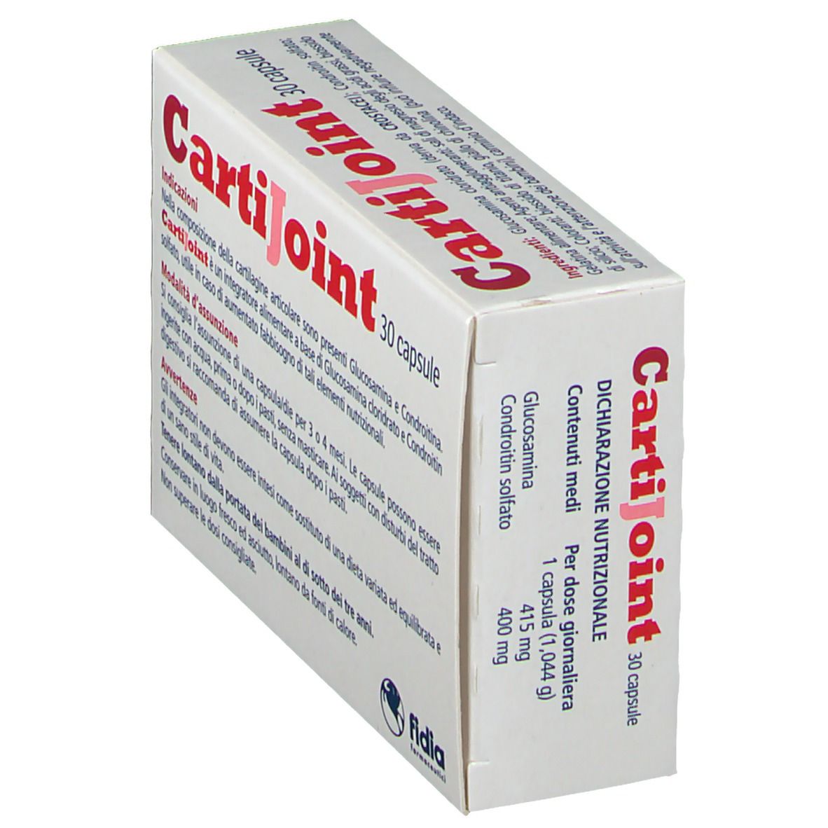 Schachtel mit CartiJoint-Logo und Text. 30 Kapseln. Fidia-Logo. Nährwertangaben.