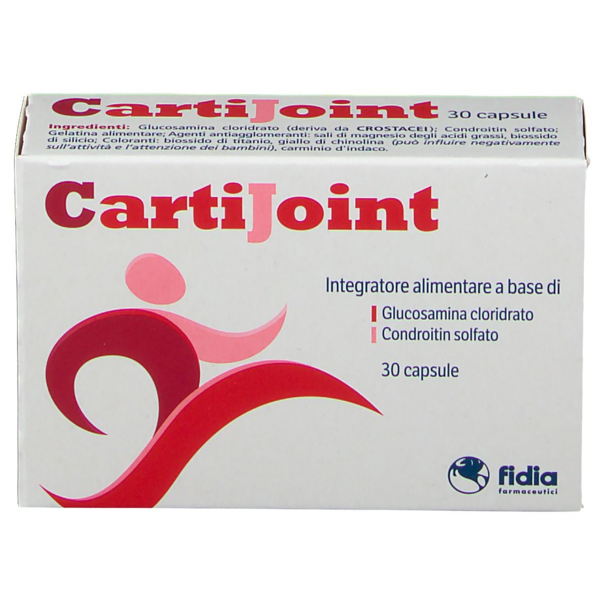 Schachtel mit CartiJoint-Logo und Text. 30 Kapseln. Fidia-Logo. Rote und rosa Figur.