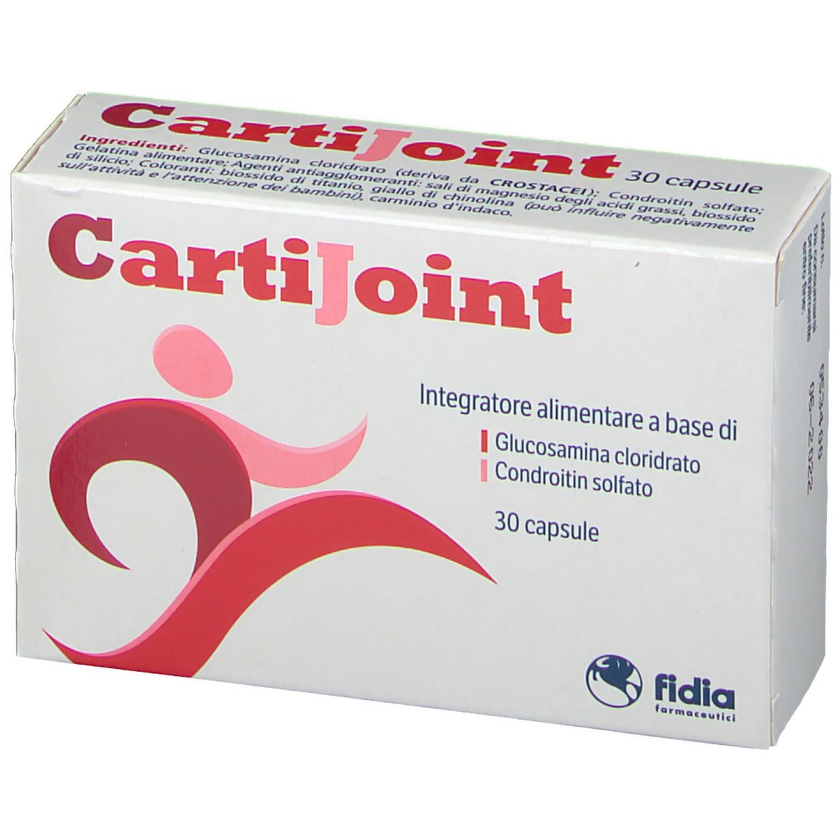 Schachtel mit CartiJoint-Logo und Text. 30 Kapseln. Fidia-Logo. Rote und rosa Figur.