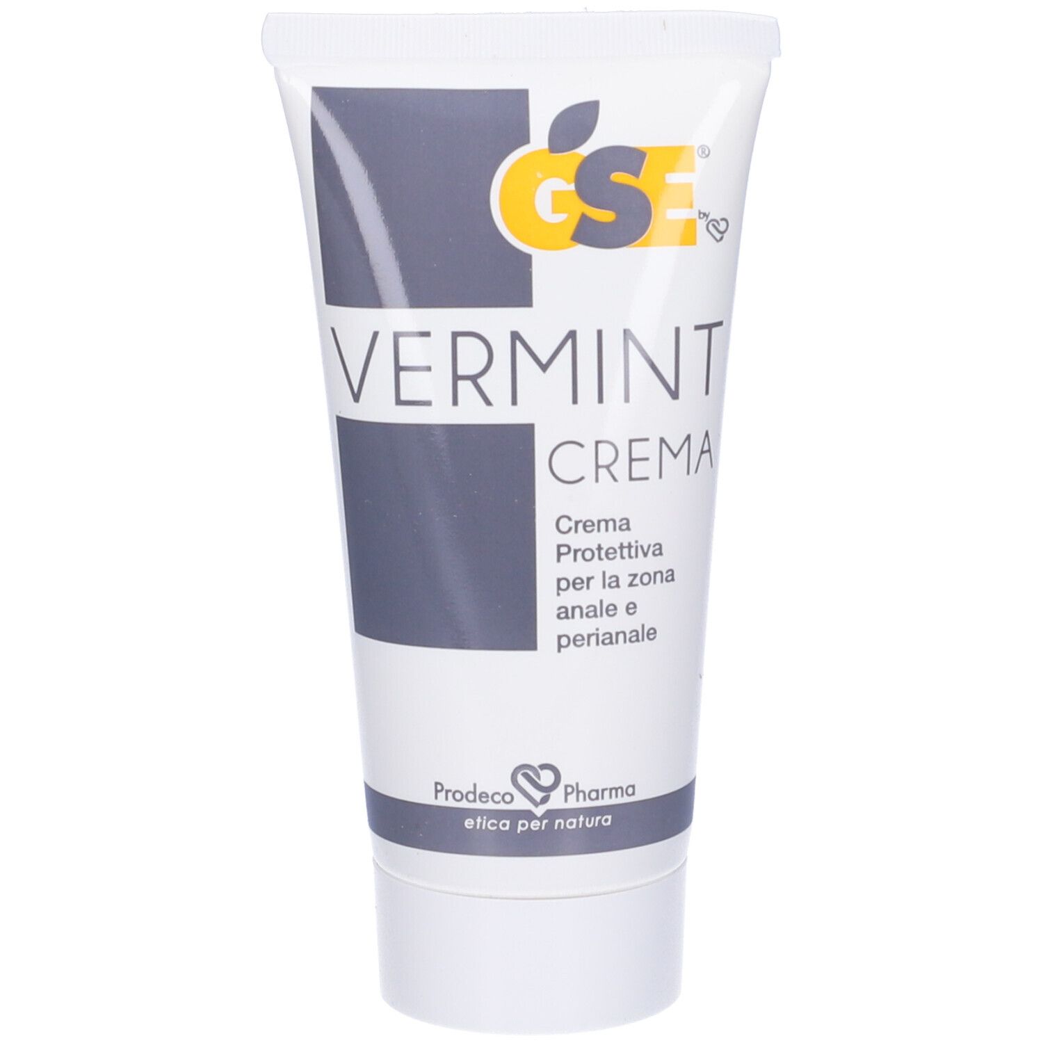 Tube avec nom et logo du produit. Texte : Crème, crème protectrice pour la zone anale et périanale. Bouchon blanc.