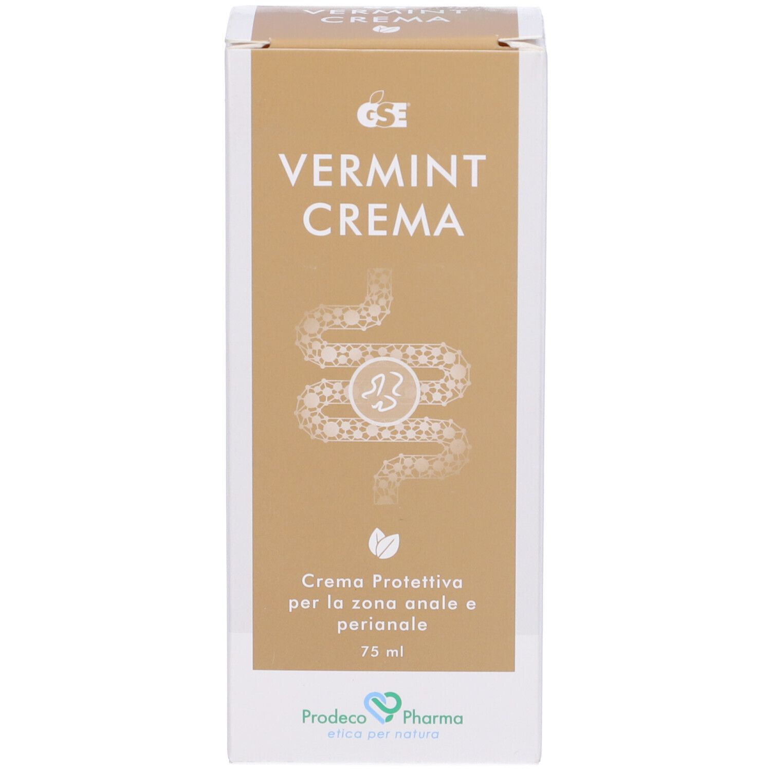Boîte avec nom et logo du produit. Texte : Crème, crème protectrice pour la zone anale et périanale. 75 ml.