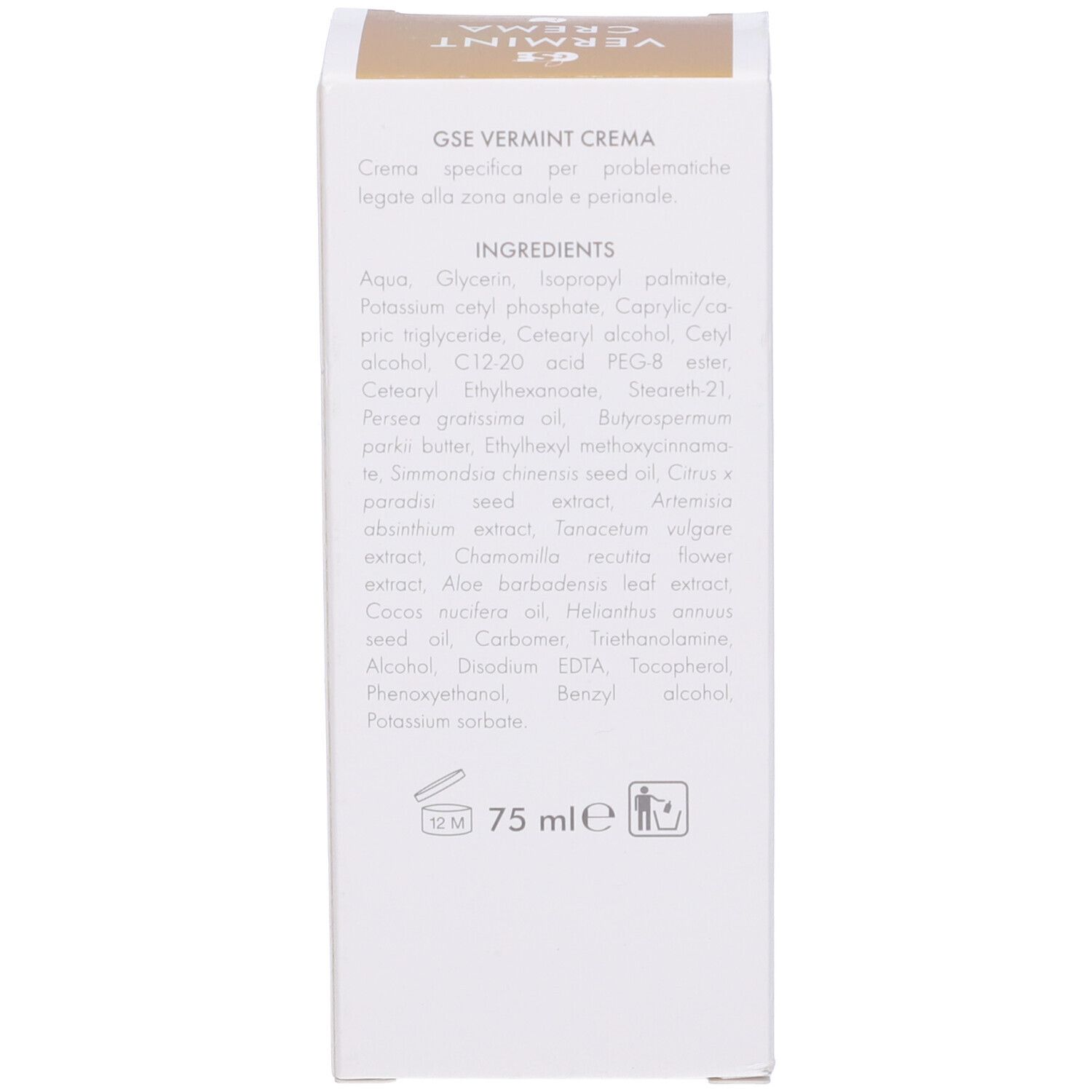 Côté de l'emballage du produit avec texte. Texte : Ingrédients, 75 ml, 12M.
