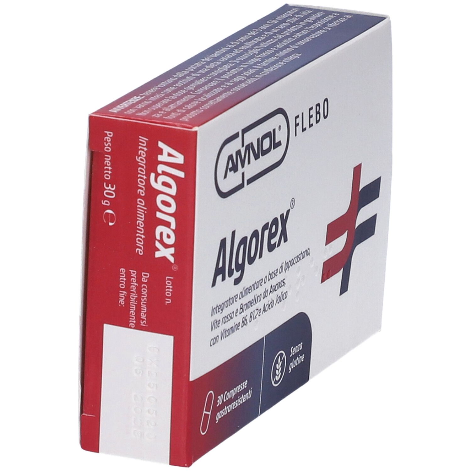 Schachtel Algorex-Tabletten. Seitenansicht. Aufschrift: 30 g. Logo und Produktname.