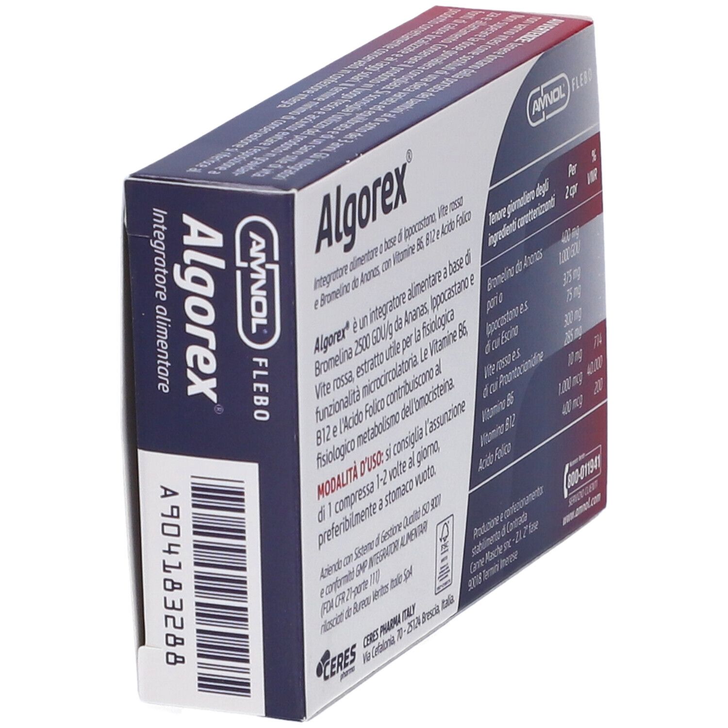 Schachtel Algorex-Tabletten. Rückansicht. Produktinformationen und Inhaltsstoffe. Logo und Name.