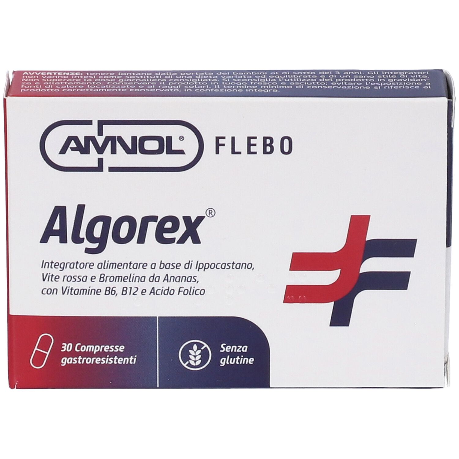 Schachtel Algorex-Tabletten. Aufschrift: 30 gastroresistenti, senza glutine. Logo und Produktname.