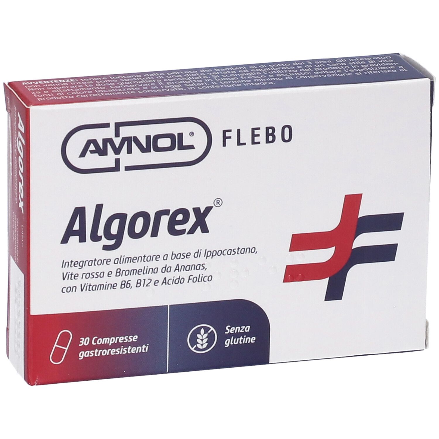 Schachtel Algorex-Tabletten. Aufschrift: 30 gastroresistenti, senza glutine. Logo und Produktname.