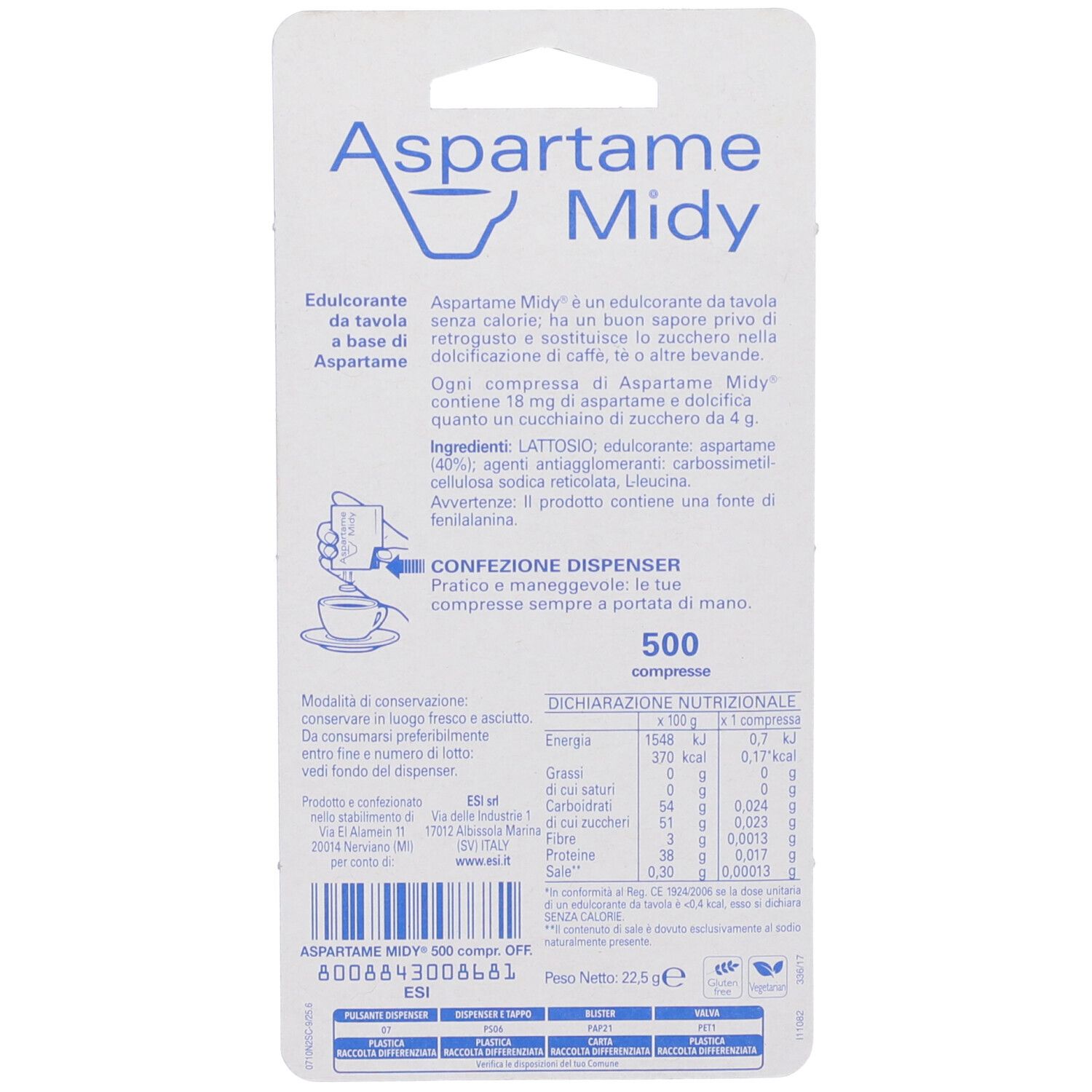Rückseite der ESI Aspartame Midy Süßstofftabletten-Verpackung mit Nährwertangaben.