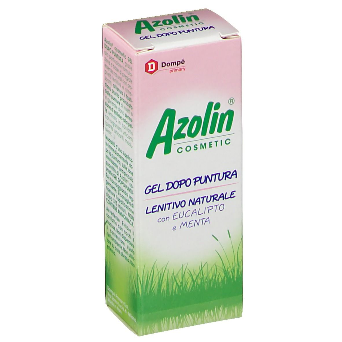 Boîte de Azolin®-Gel. Boîte blanche et rose avec logo et texte verts. "GEL DOPO PUNTURA" et "LENITIVO NATURALE".