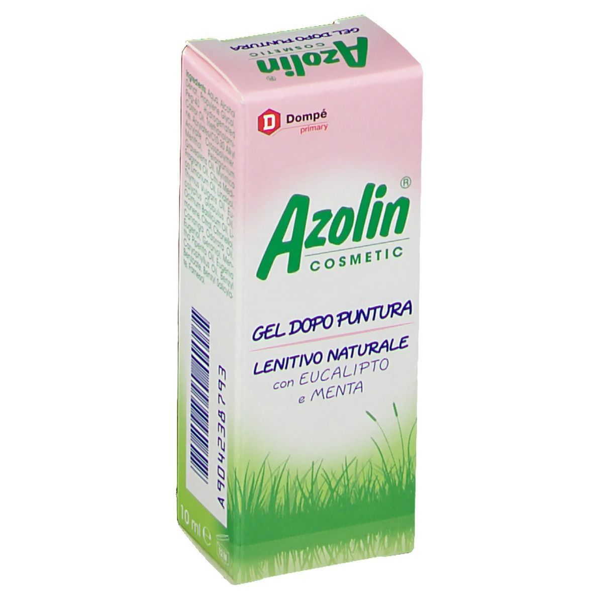 Boîte de Azolin®-Gel. Boîte blanche et rose avec logo et texte verts. "GEL DOPO PUNTURA" et "LENITIVO NATURALE".