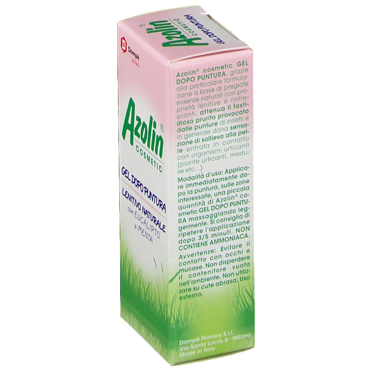 Côté de la boîte de Azolin®-Gel. Texte. Contient des instructions d'utilisation du produit.