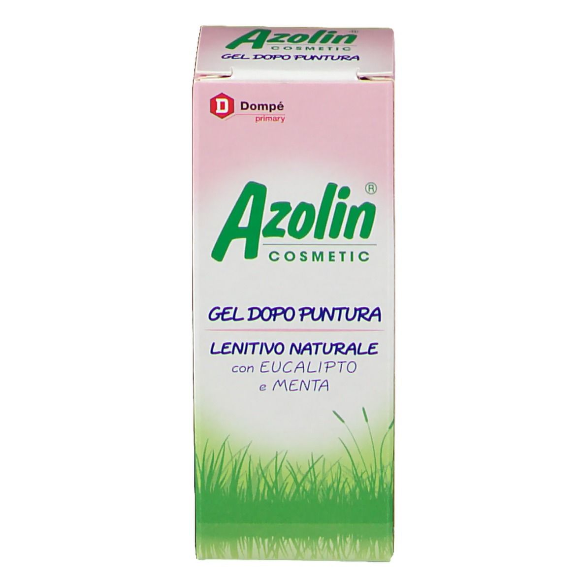 Boîte de Azolin®-Gel. Boîte blanche et rose avec logo et texte verts. "GEL DOPO PUNTURA" et "LENITIVO NATURALE".
