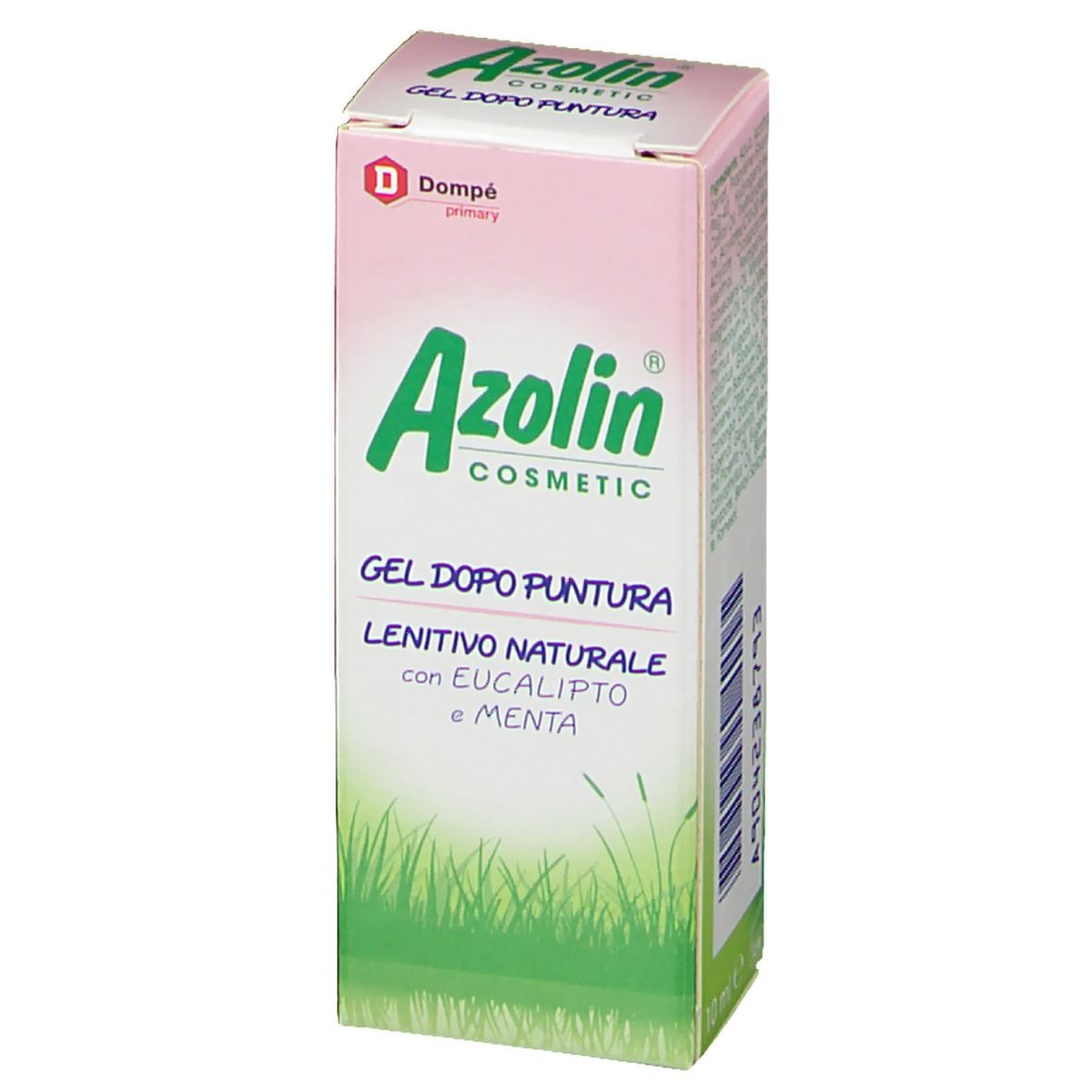 Boîte de Azolin®-Gel. Boîte blanche et rose avec logo et texte verts. "GEL DOPO PUNTURA" et "LENITIVO NATURALE".