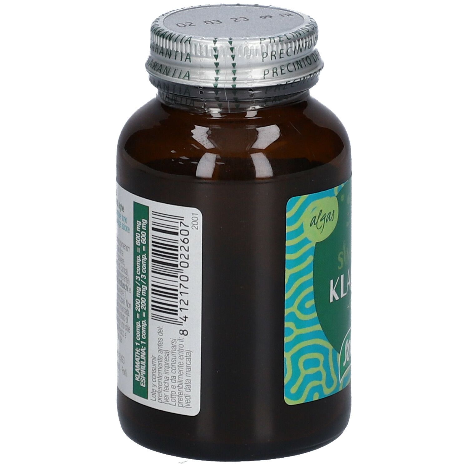 Braune Glasflasche mit Etikett. Aufschrift: Klamath + Spirulina. Rückseite mit Inhaltsangaben und Barcode.