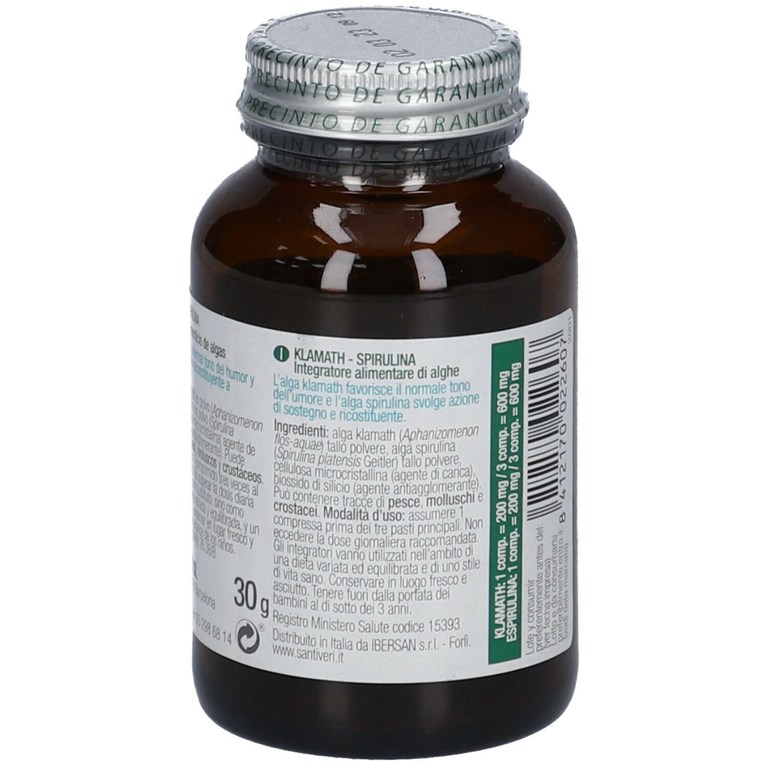 Braune Glasflasche mit Etikett. Aufschrift: Klamath + Spirulina. Rückseite mit Inhaltsangaben und Gewicht: 30g.