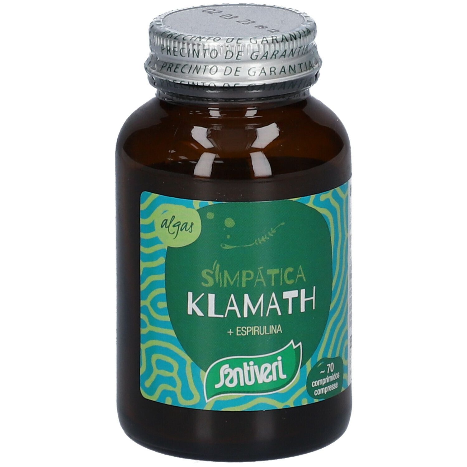 Braune Glasflasche mit grünem Etikett. Aufschrift: Klamath + Spirulina, Santiveri. 70 Tabletten.