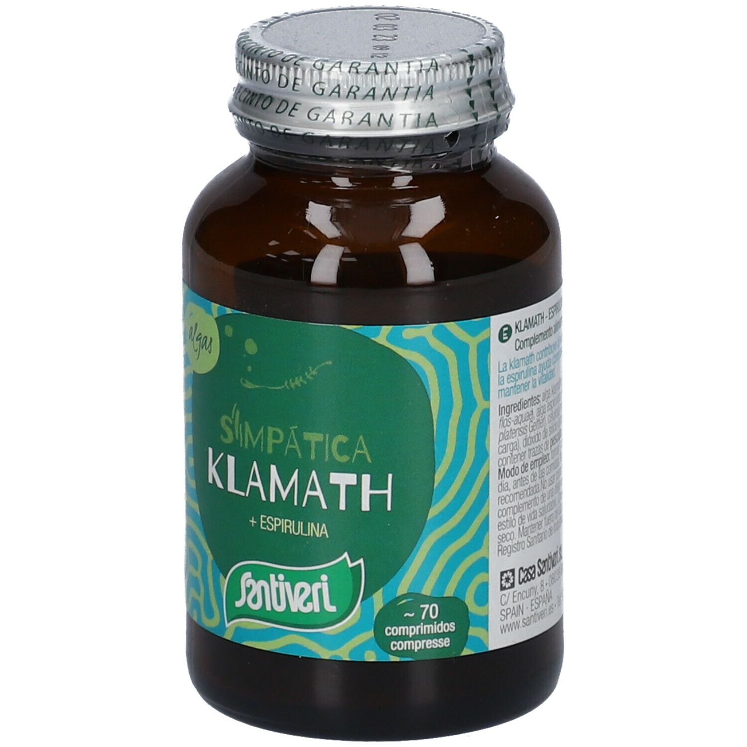 Braune Glasflasche mit grünem Etikett. Aufschrift: Klamath + Spirulina, Santiveri. 70 Tabletten.