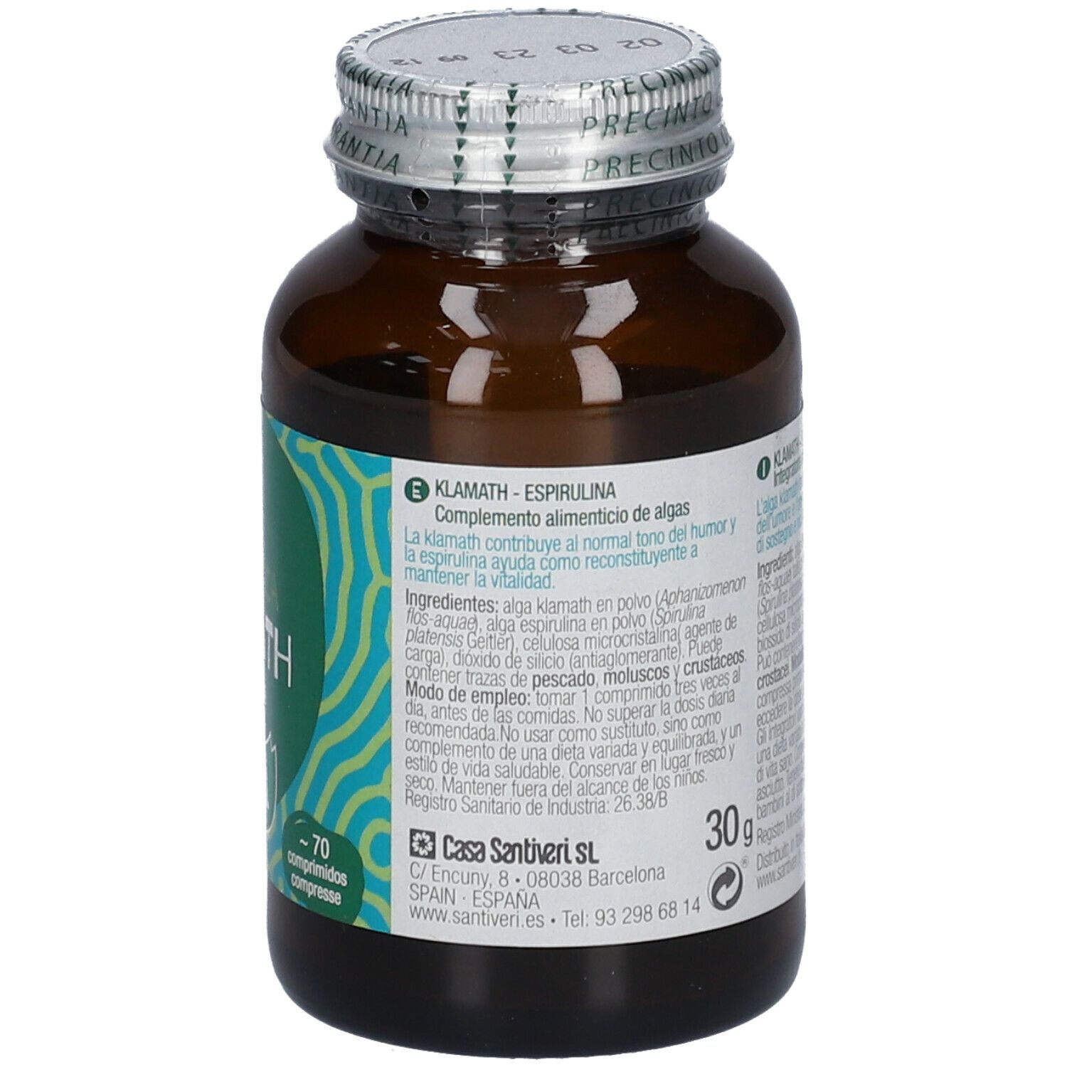 Braune Glasflasche mit Etikett. Aufschrift: Klamath + Spirulina. Rückseite mit Inhaltsangaben und Gewicht: 30g.