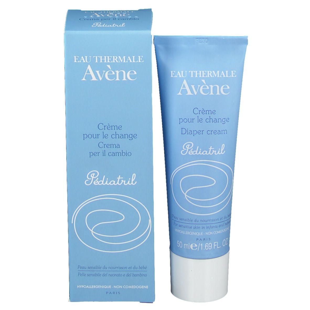 Boîte et tube bleu clair. Inscription: Eau Thermale Avène, Crème pour le change, Diaper cream, Pédiatril. 50 ml. Boîte à gauche, tube à droite.