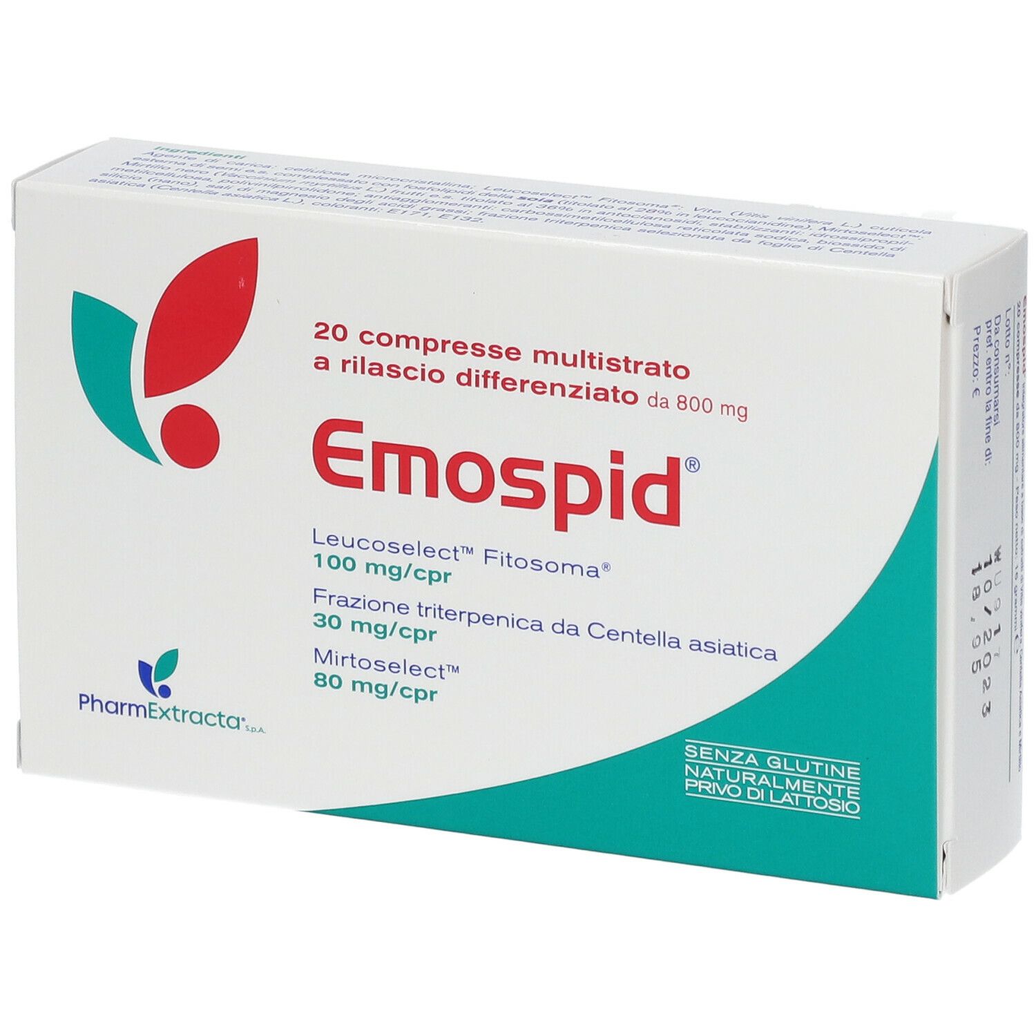 Boîte de comprimés Emospid®. Inscription : 20 comprimés multicouches. Contient Leucoselect® et MirtoSelect®.