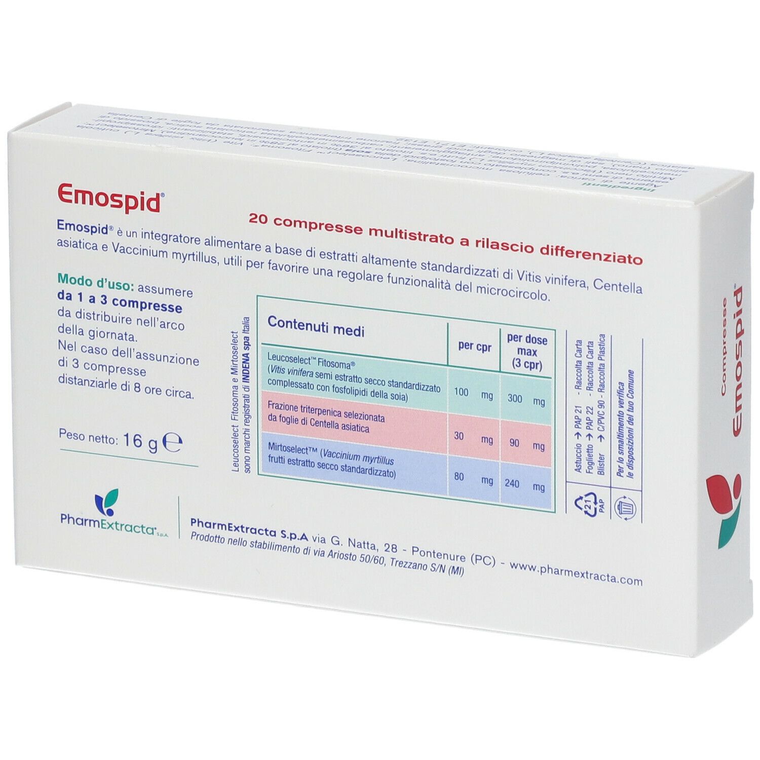 Dos de la boîte de comprimés Emospid®. Contient des informations sur les ingrédients et le dosage. Poids : 16 g.