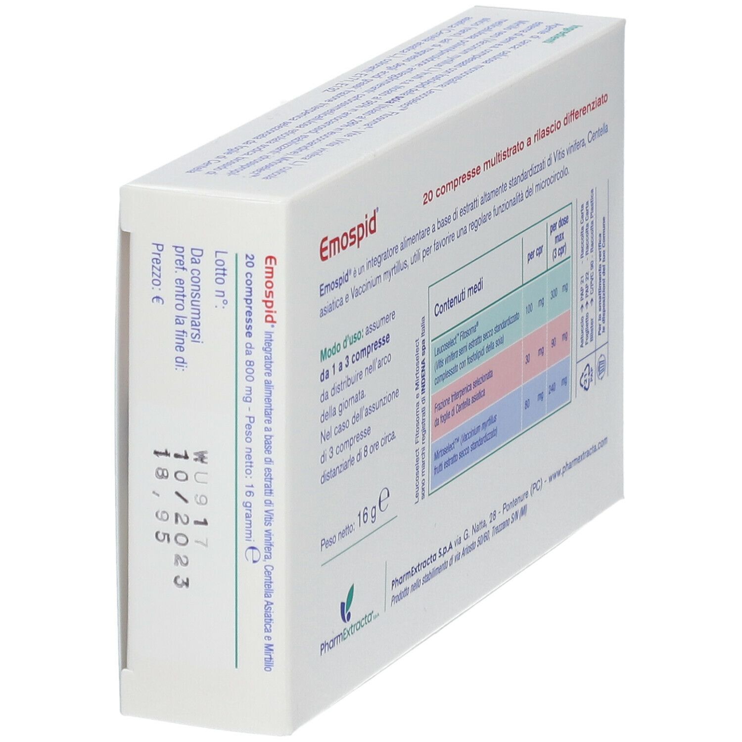 Dos de la boîte de comprimés Emospid®. Contient des informations sur les ingrédients et le dosage. Poids : 16 g.