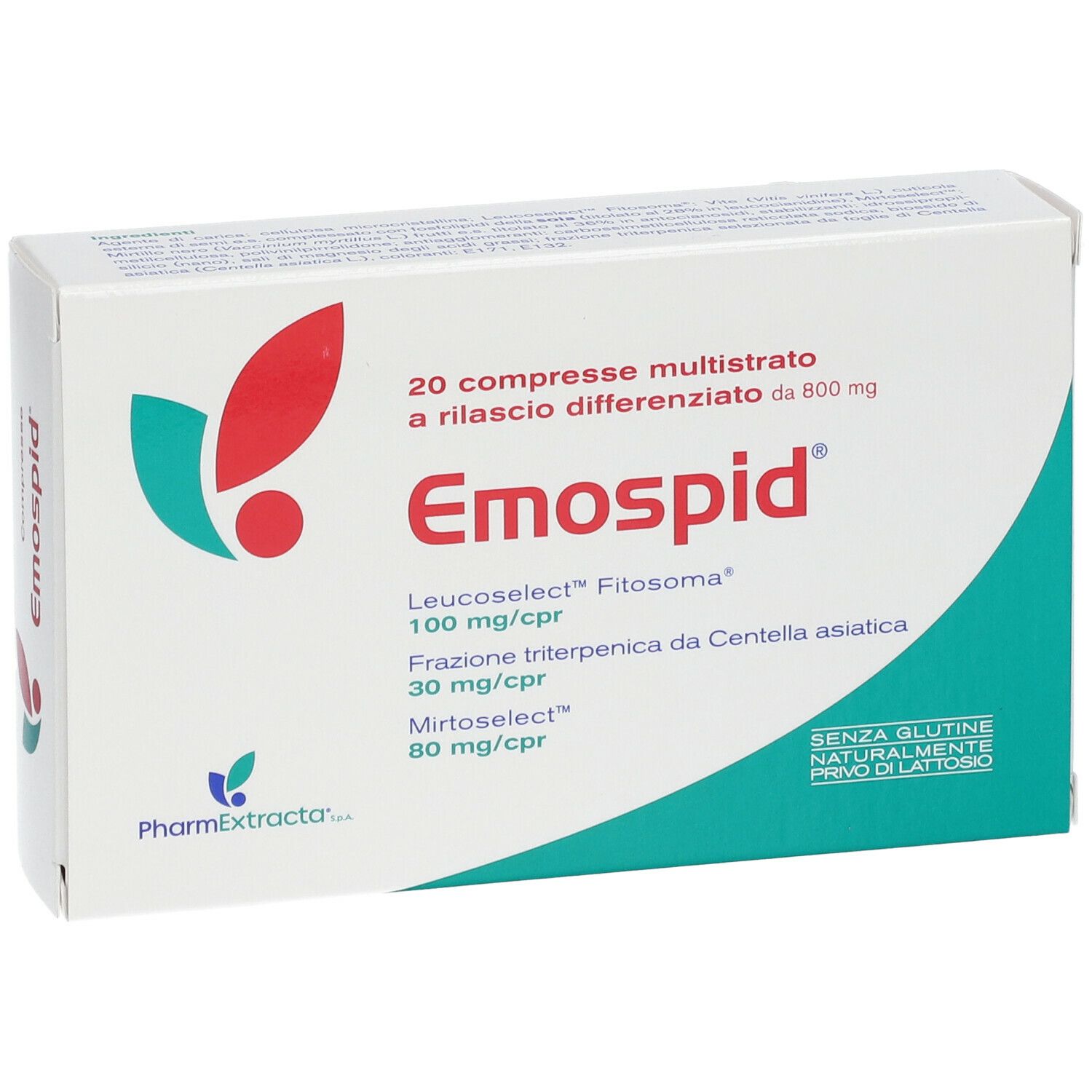 Boîte de comprimés Emospid®. Inscription : 20 comprimés multicouches. Contient Leucoselect® et MirtoSelect®.
