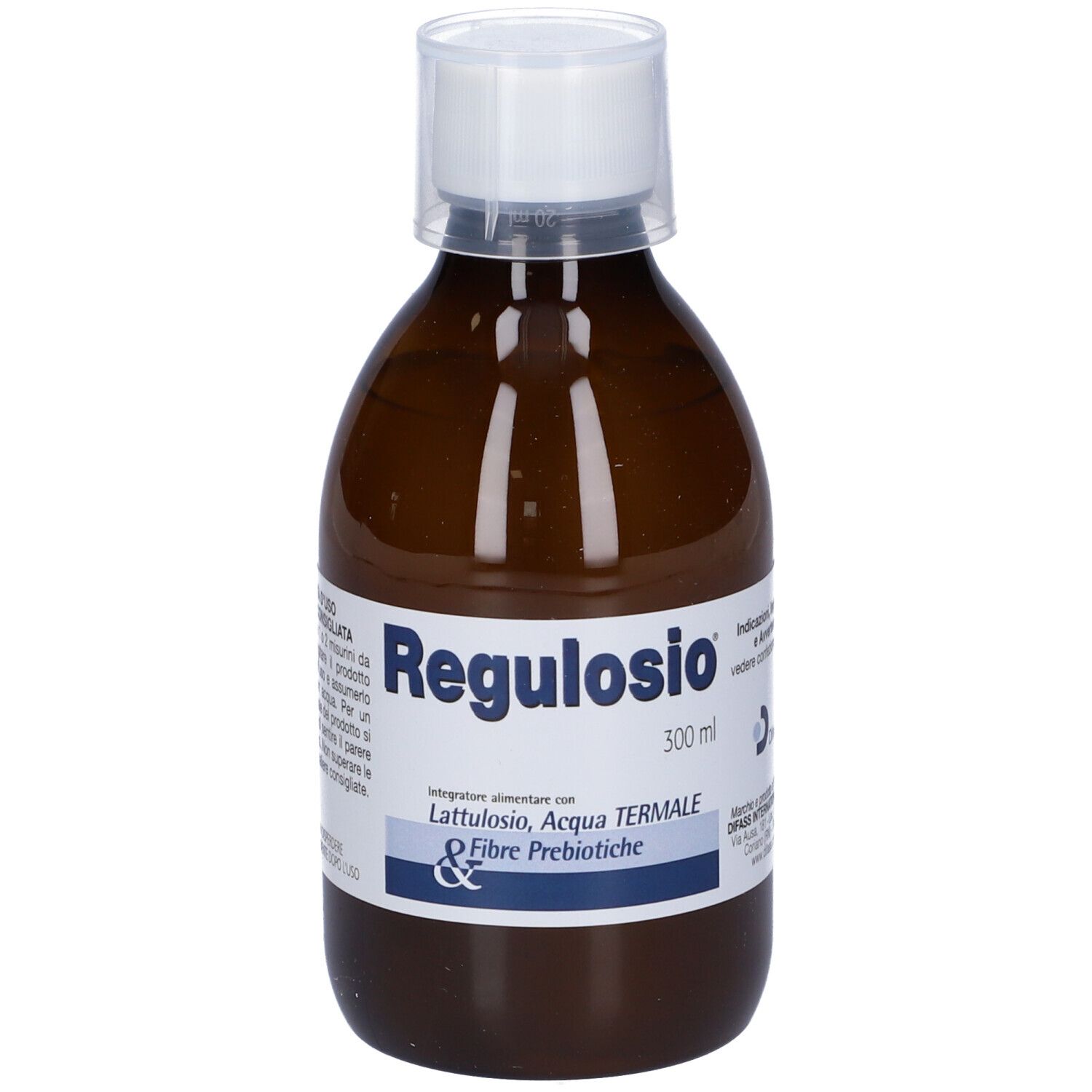 Braune Flasche mit weißem Verschluss. Aufschrift: Regulosio, 300 ml. Enthält Lattulosio, Thermalwasser und Präbiotische Fasern.