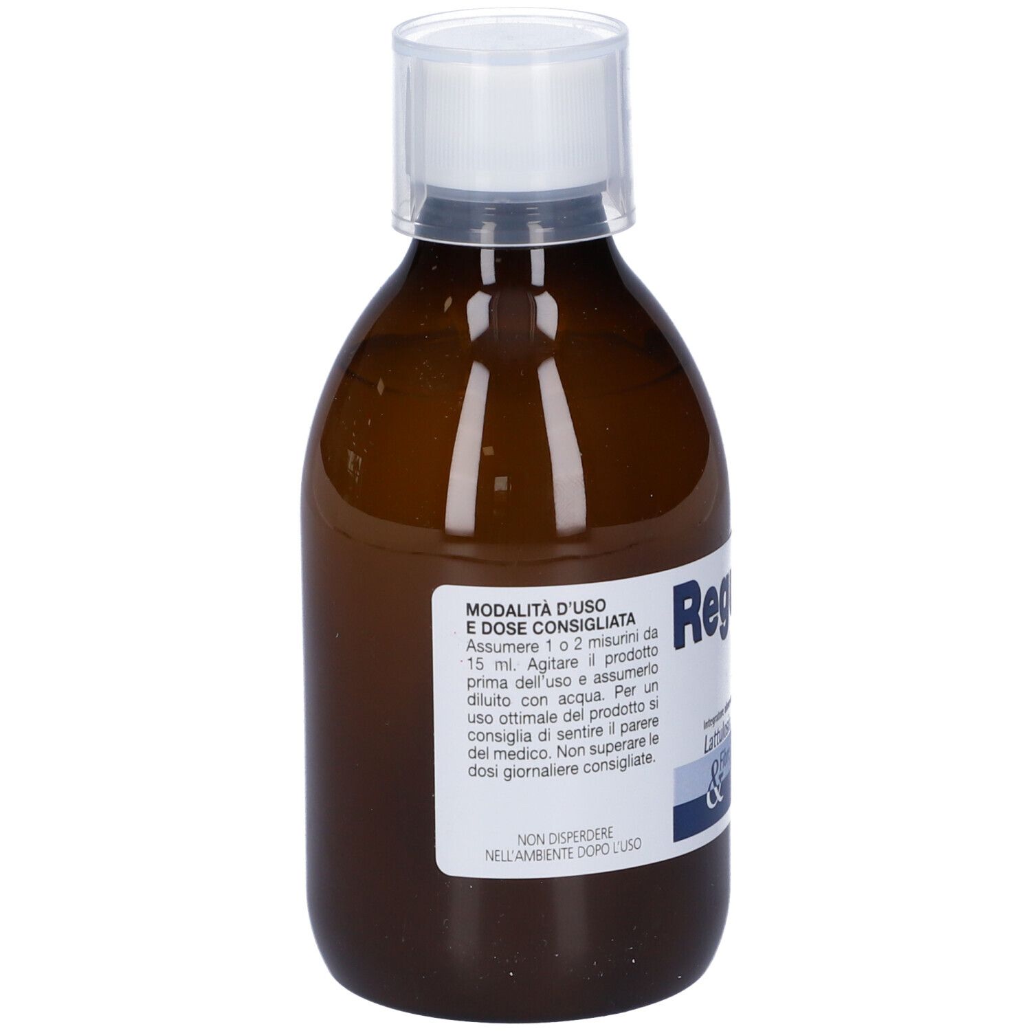 Braune Flasche mit weißem Verschluss. Aufschrift: Regulosio. Text über Anwendung und Dosierung. Rückseite mit Produktinformationen.