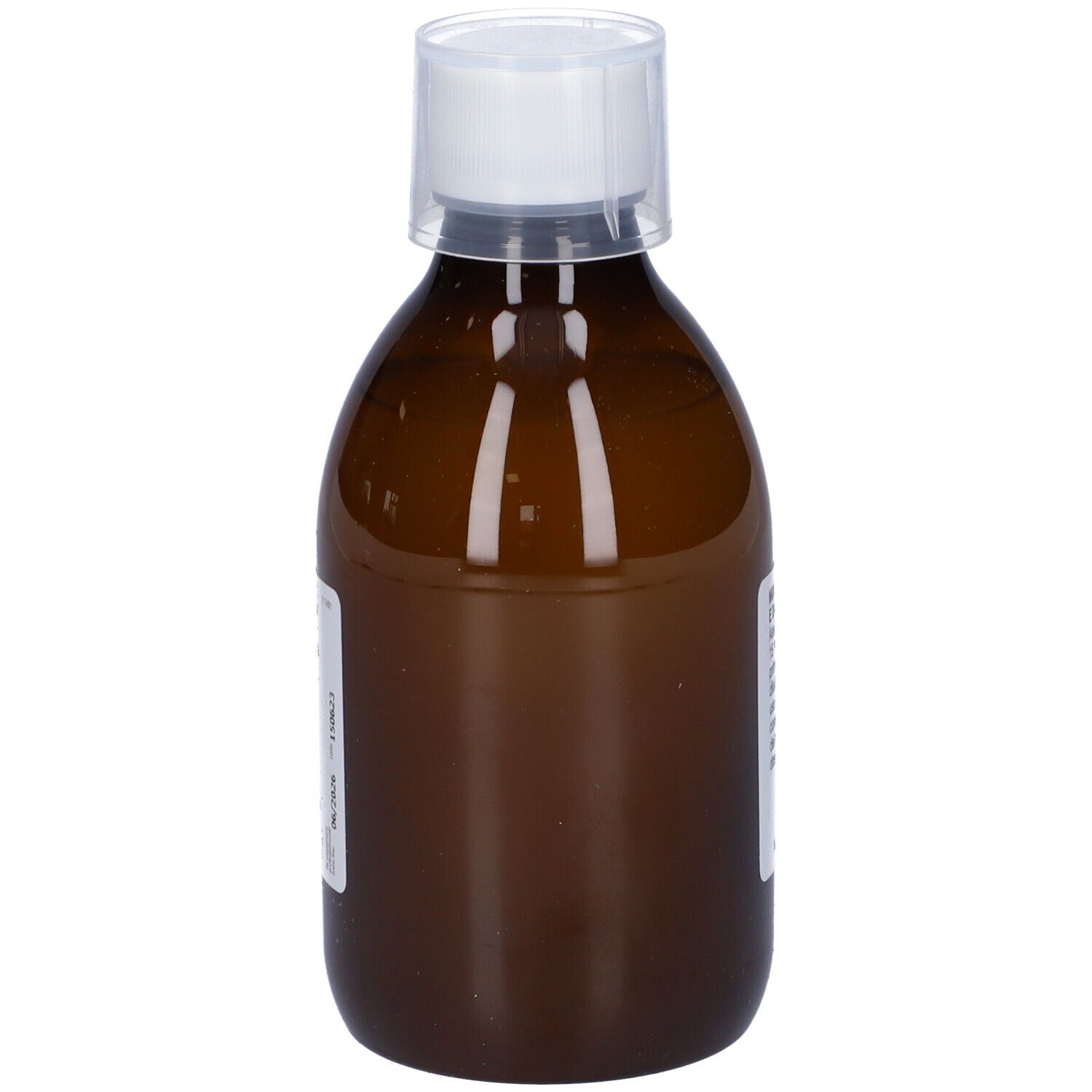Braune Flasche mit weißem Verschluss. Aufschrift: Regulosio. Etikett mit Produktinformationen. Braune Flüssigkeit sichtbar.