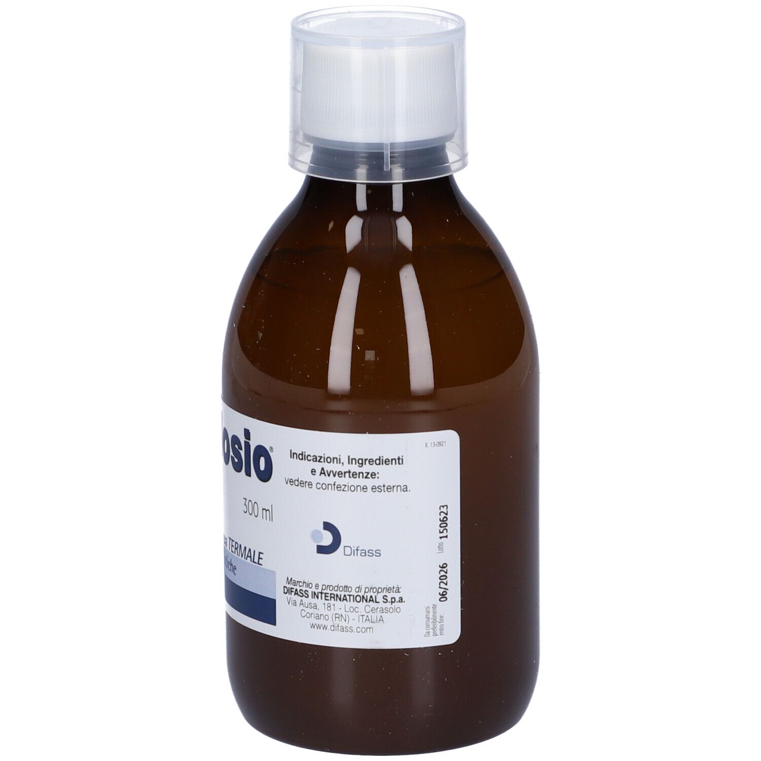 Braune Flasche mit weißem Verschluss. Aufschrift: Regulosio, 300 ml. Etikett mit Produktinformationen und Logo von Difass.