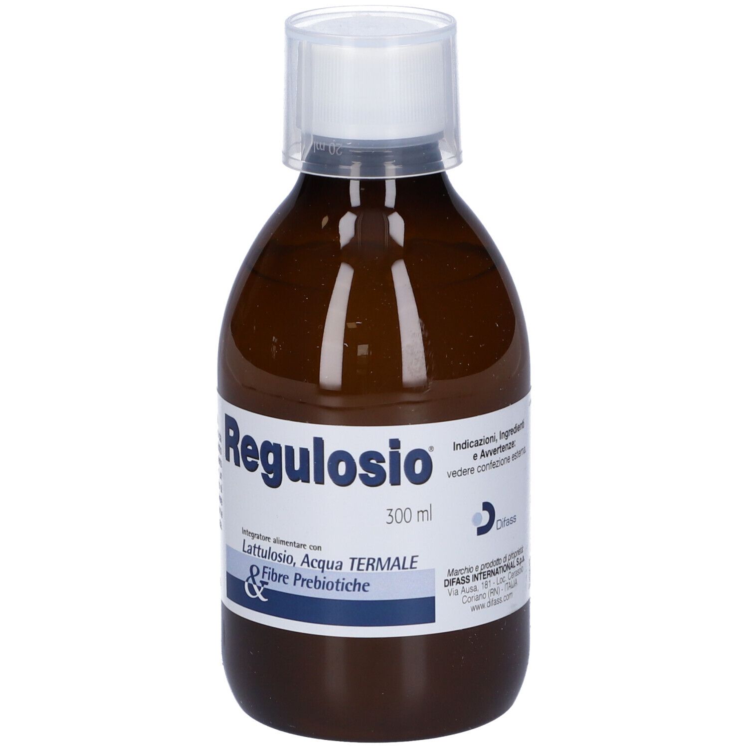 Braune Flasche mit weißem Verschluss. Aufschrift: Regulosio, 300 ml. Enthält Lattulosio, Thermalwasser und Präbiotische Fasern.