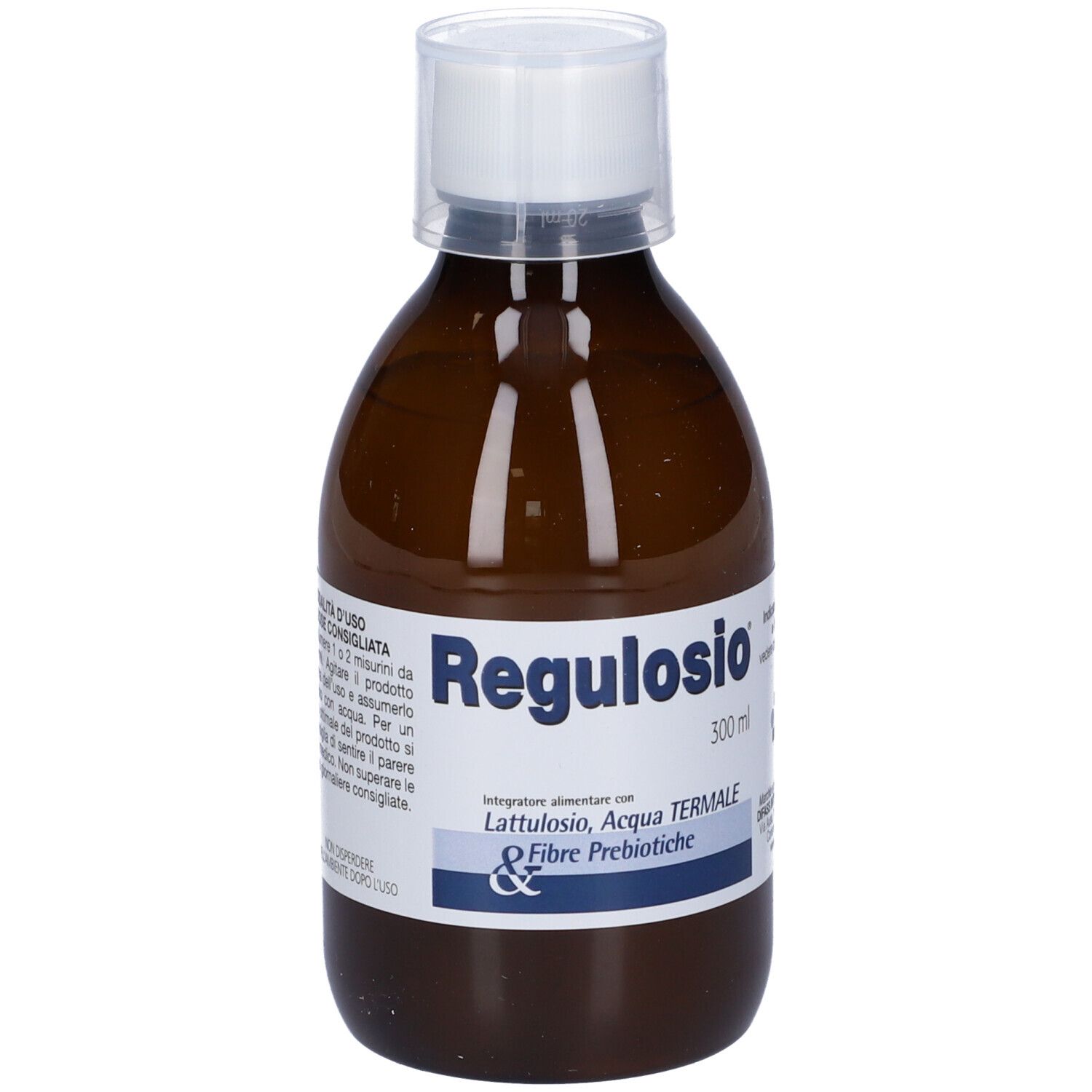 Braune Flasche mit weißem Verschluss. Aufschrift: Regulosio, 300 ml. Enthält Lattulosio, Thermalwasser und Präbiotische Fasern.