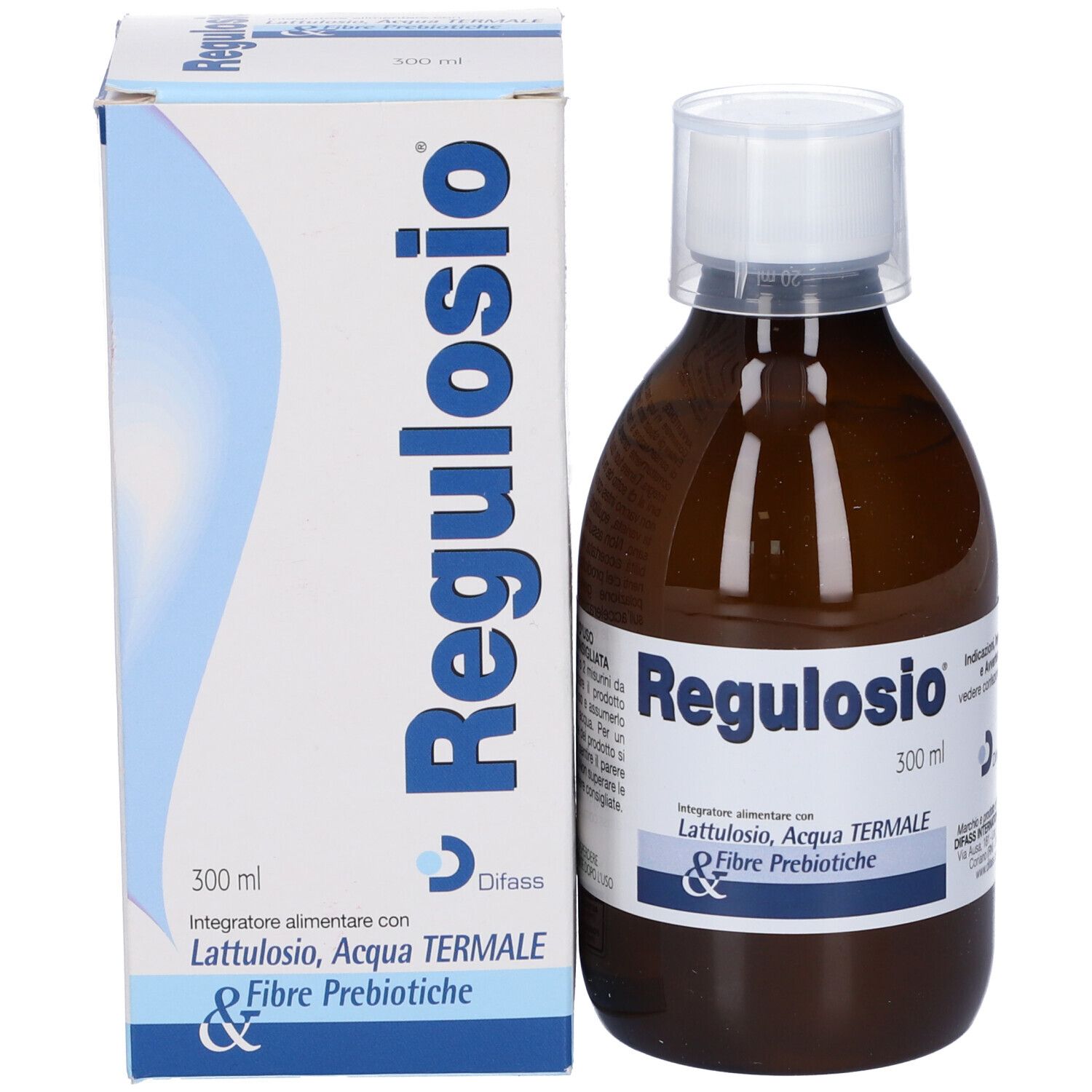 Produktflasche und Verpackung. Flasche: braun, weißer Verschluss. Verpackung: weiß, blau. Aufschrift: Regulosio, 300 ml.