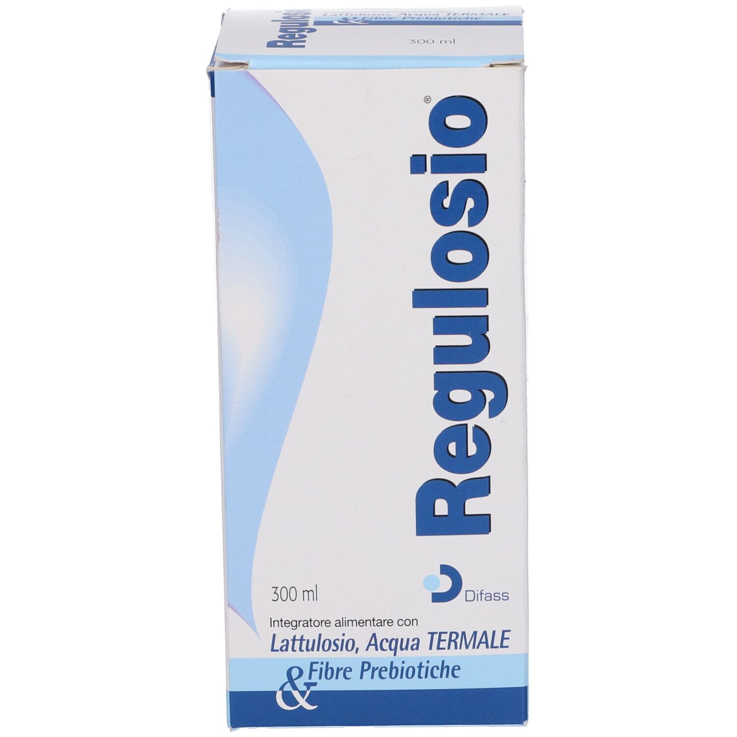 Produktverpackung. Weiß-blaue Schachtel. Aufschrift: Regulosio, 300 ml. Enthält Lattulosio, Thermalwasser und Präbiotische Fasern.