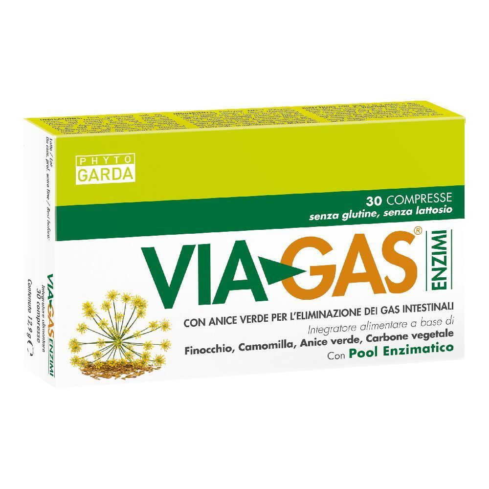 Schachtel mit Viagas® enzimi 30 compresse. Grün-weißes Design, Produktname und Logo deutlich sichtbar. Enthält Kräuterabbildung.