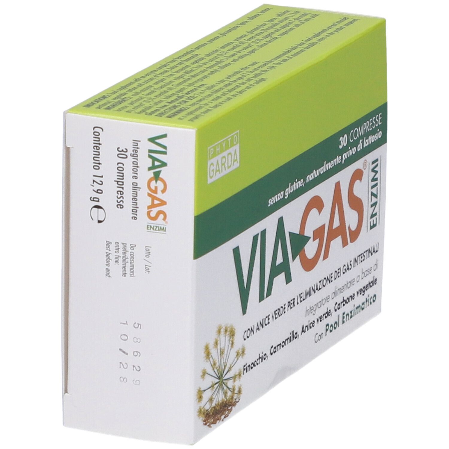 Schachtel mit Enzymtabletten, schräg. Aufschrift: VIA-GAS, 30 Tabletten. Marke: PHYTOGARDA. Enthält 12,9g.