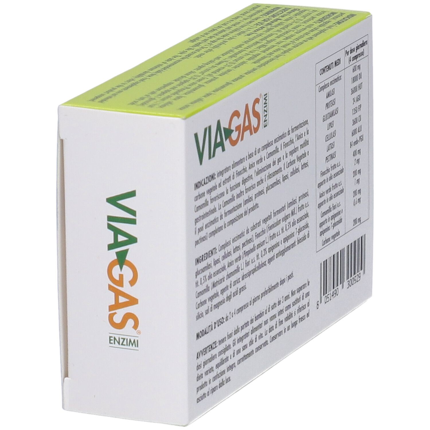 Schachtel mit Enzymtabletten, schräg. Rückseite mit Inhaltsstoffen und Nährwertangaben. Marke: VIA-GAS.