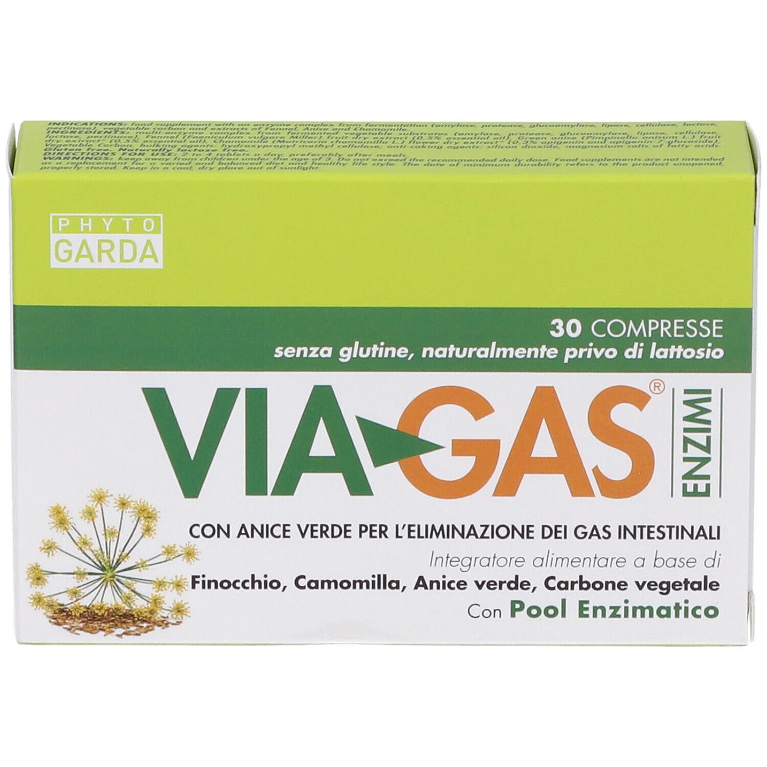Schachtel mit Enzymtabletten. Aufschrift: VIA-GAS, 30 Tabletten, ohne Gluten, ohne Laktose. Marke: PHYTOGARDA.