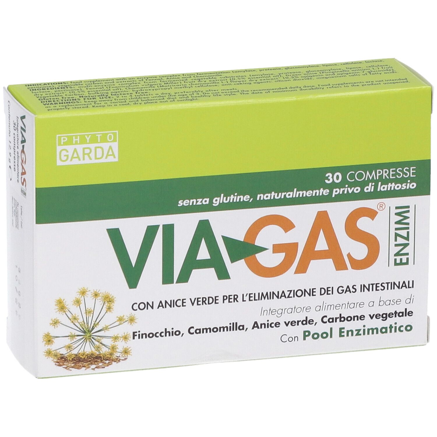 Schachtel mit Enzymtabletten. Aufschrift: VIA-GAS, 30 Tabletten, ohne Gluten, ohne Laktose. Marke: PHYTOGARDA.