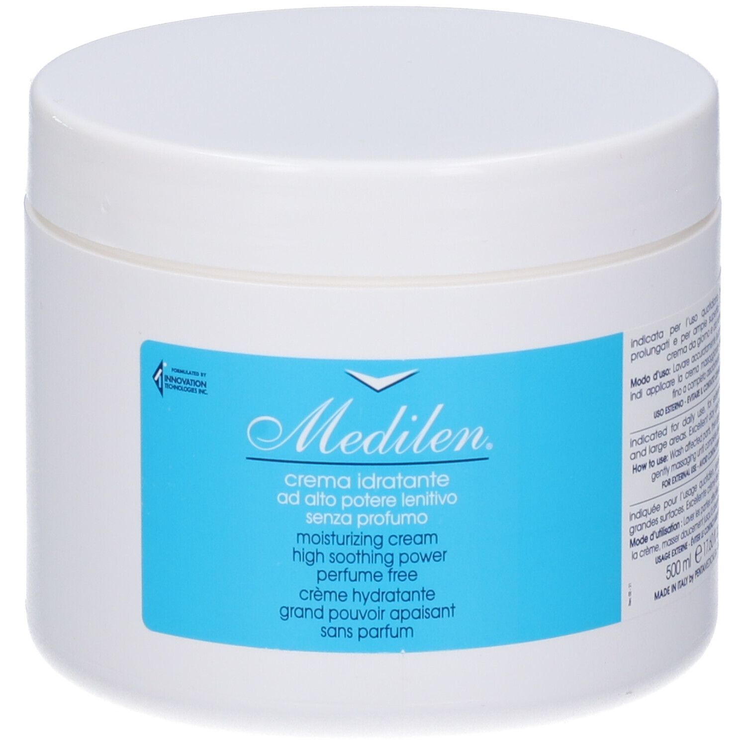 Weißer Tiegel mit blauem Etikett. Aufschrift: Medilen, crema idratante, senza profumo, moisturizing cream.