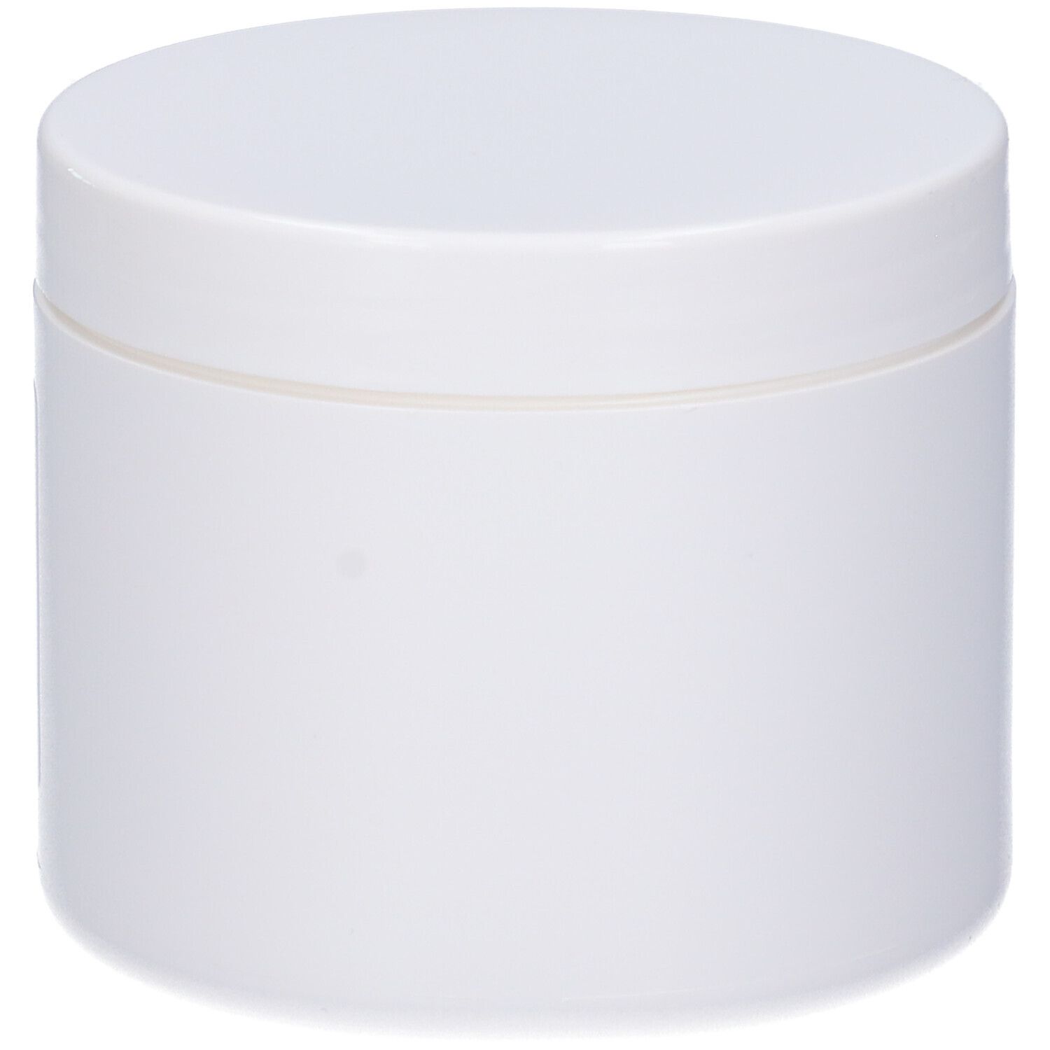 Weißer Tiegel mit weißem Deckel. Keine Beschriftung sichtbar. Zylindrische Form.